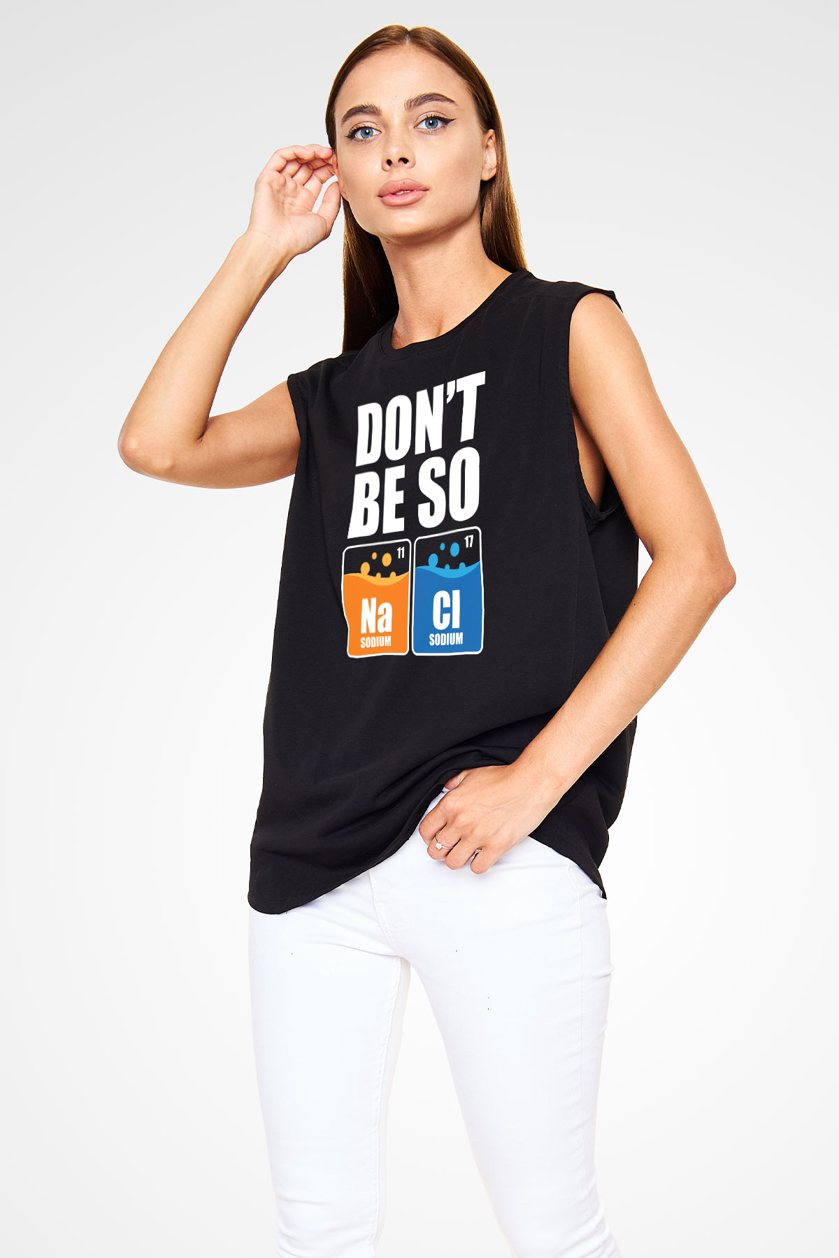 Sodyum Klor Baskılı Unisex Kolsuz Siyah Tişört - Tshirt