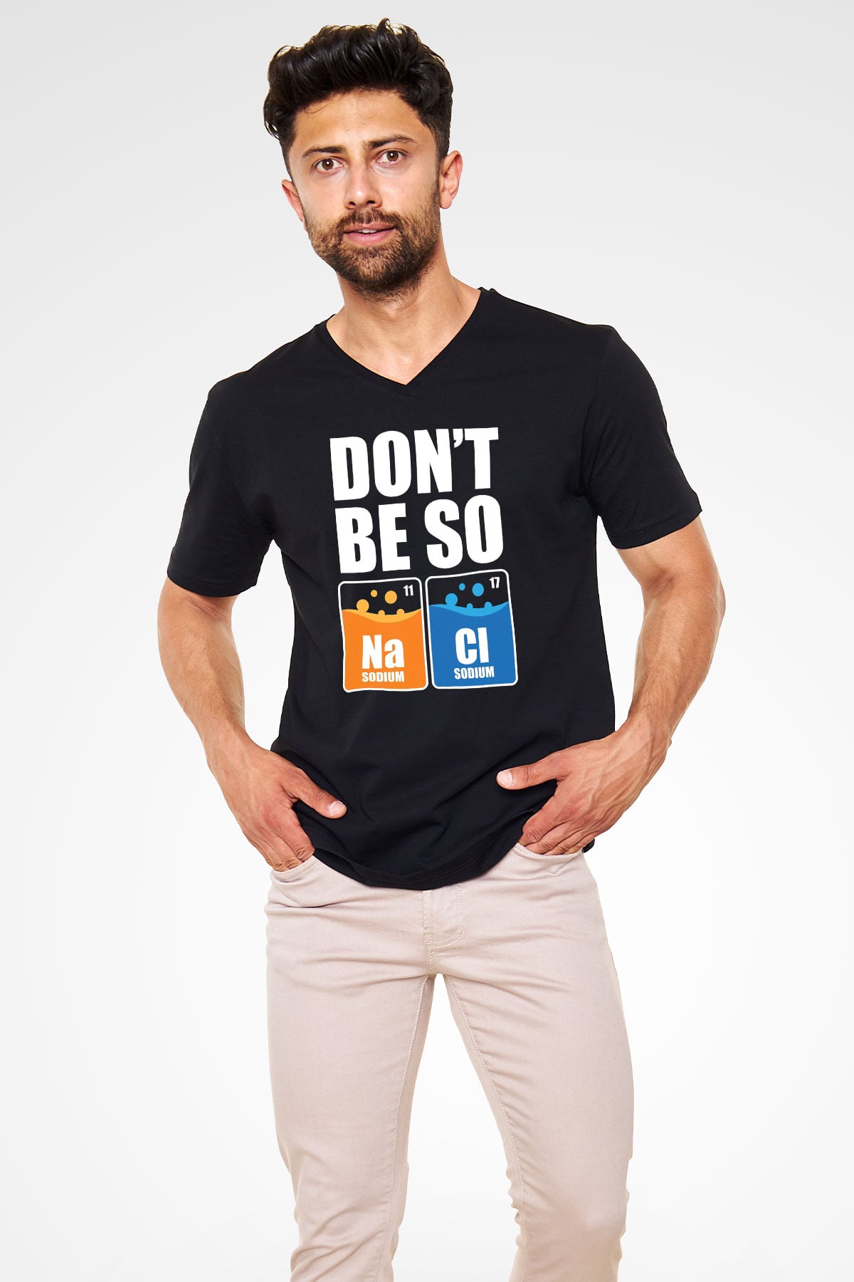 Sodyum Klor Baskılı Unisex V Yaka Siyah Tİşört - Tshirt