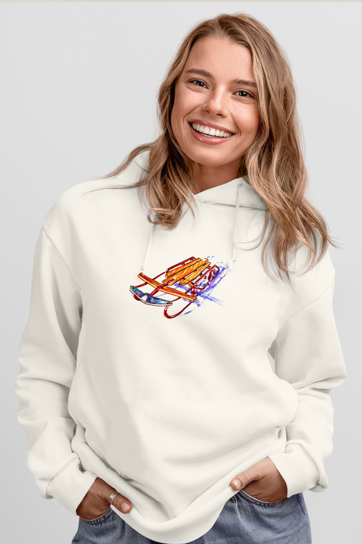 Sokak Kızağı Baskılı Unisex Ekru Hoodie