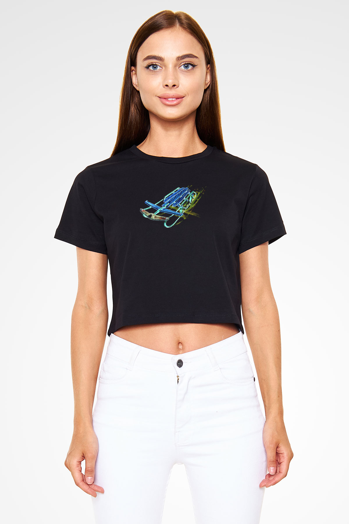 Sokak Kızağı - Street Luge Baskılı Crop Top Siyah Kadın Tişört - Tshirt