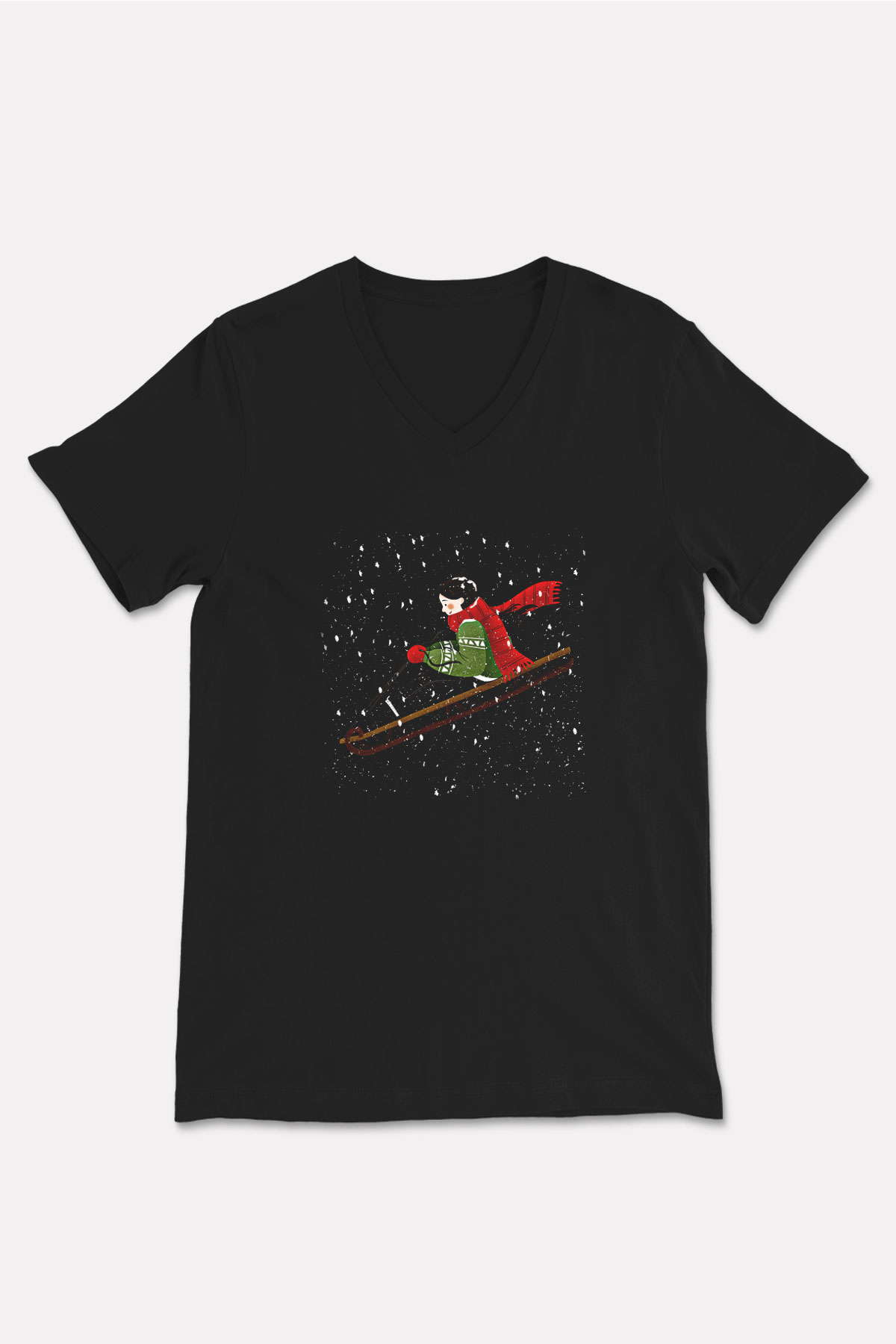 Sokak Kızağı - Street Luge Baskılı Unisex Siyah V Yaka Tişört