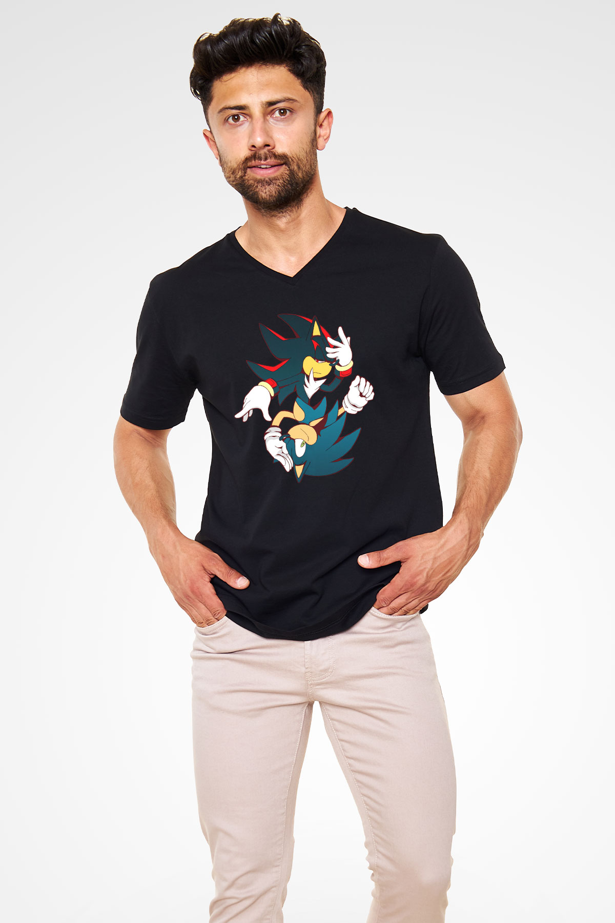 Sonic the Hedgehog Siyah Unisex V Yaka Tişört