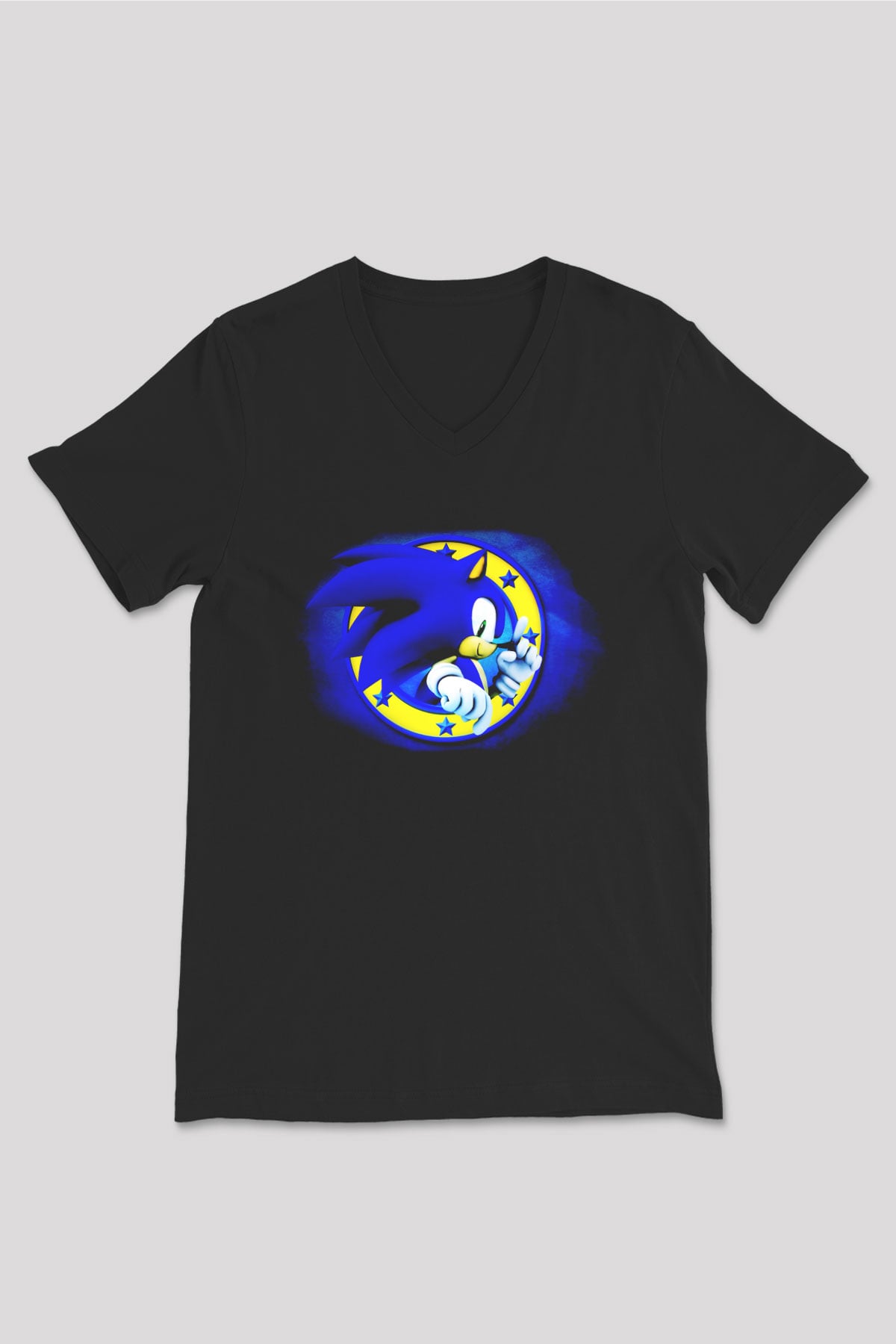 Sonic the Hedgehog Siyah Unisex V Yaka Tişört