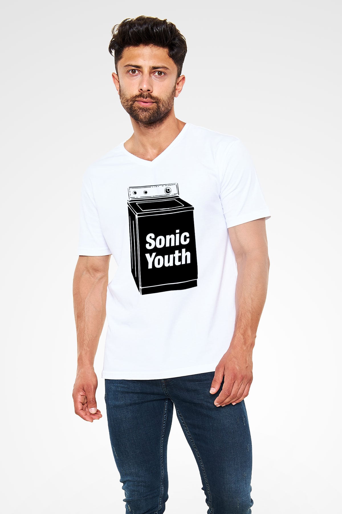 Sonic Youth Beyaz Unisex V Yaka Tişört T-Shirt - V Yaka Tişört Fabrikası