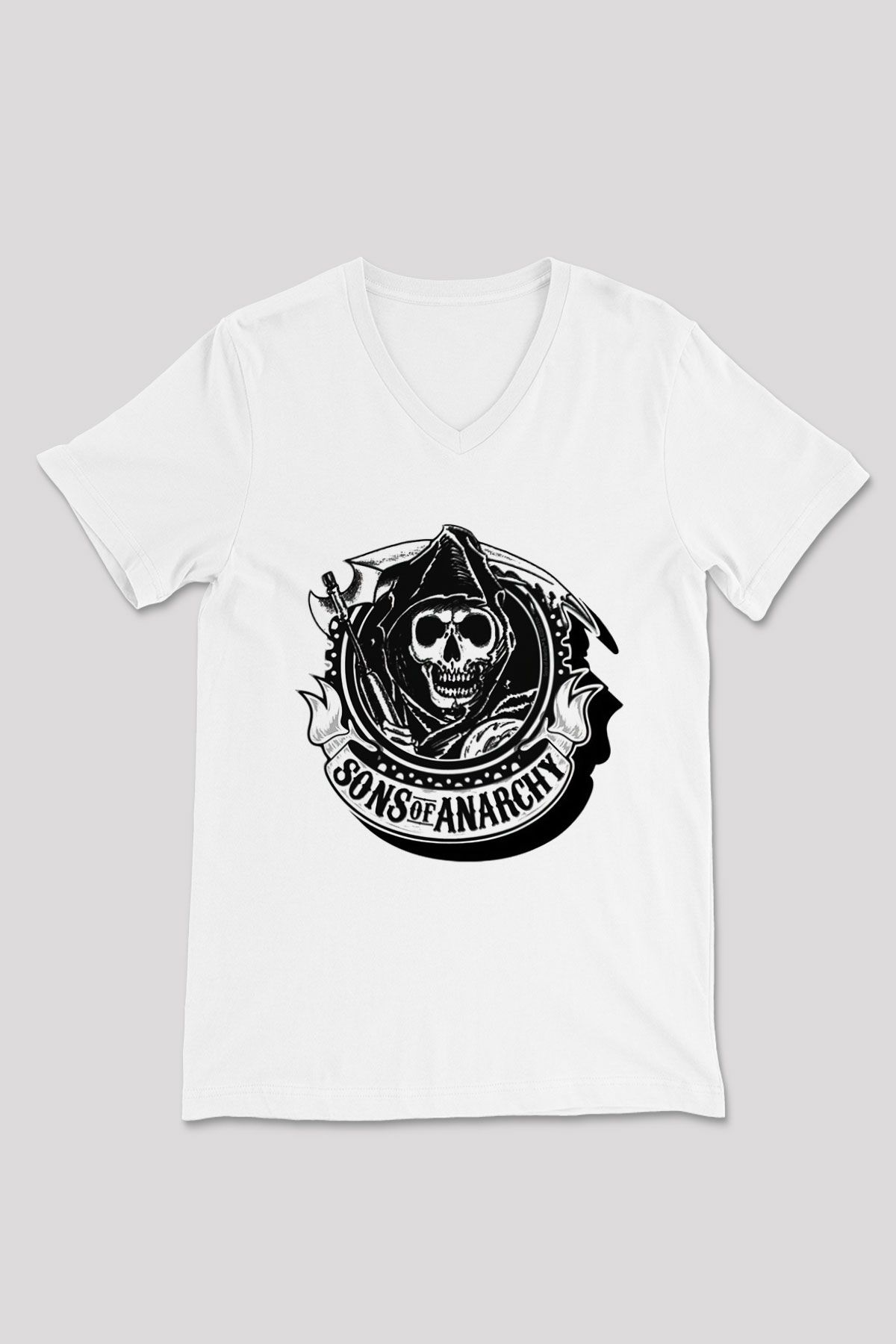 Sons of Anarchy Beyaz Unisex V Yaka Tişört T-Shirt