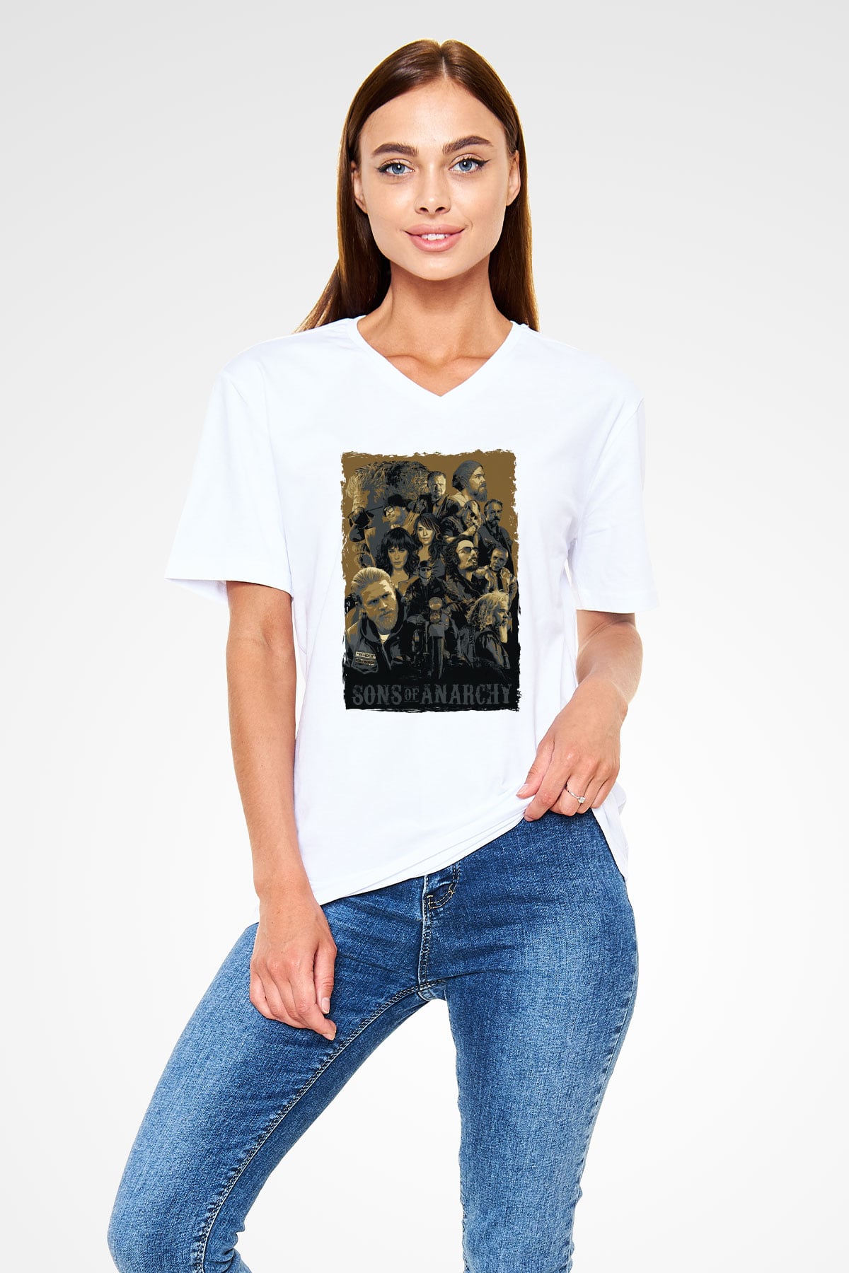 Sons of Anarchy Beyaz Unisex V Yaka Tişört