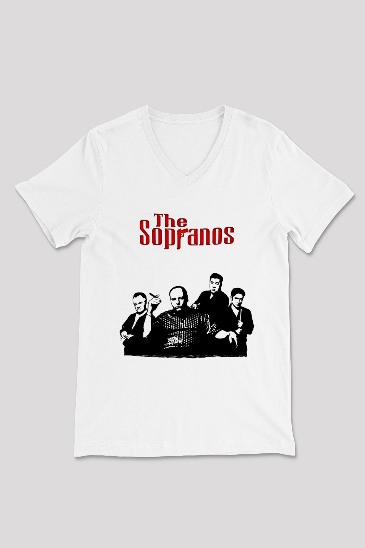 Sopranos Baskılı Beyaz Unisex V Yaka Tişört - Tshirt