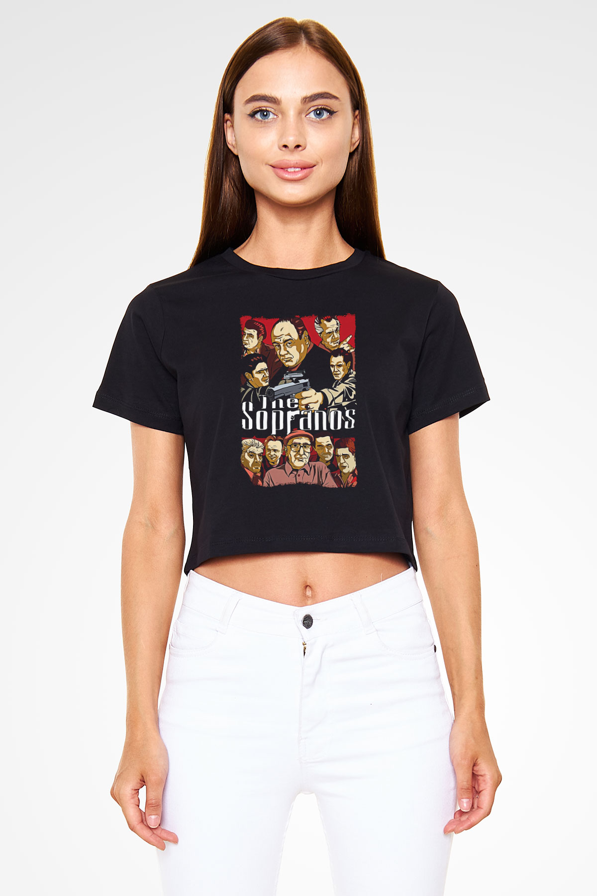 Sopranos Baskılı Siyah Crop Top Kadın Tişört - Tshirt