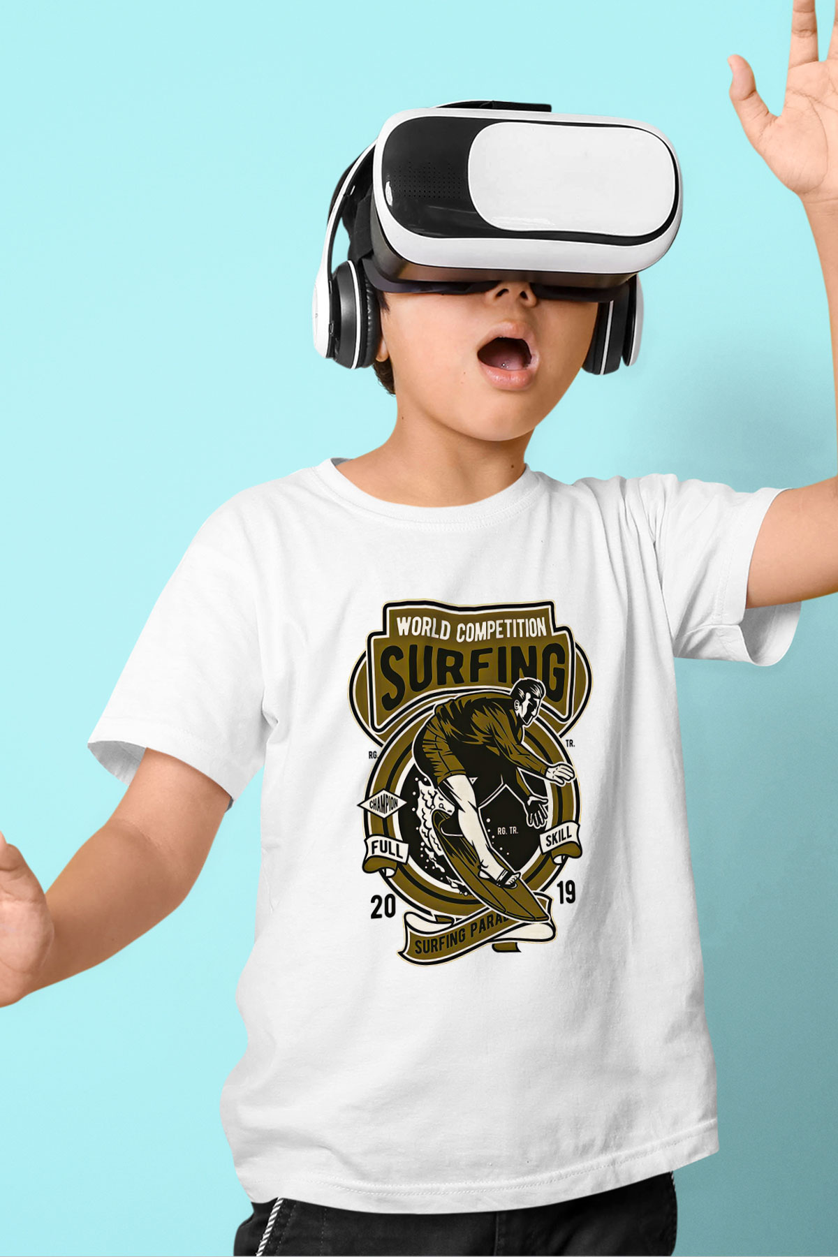 Sörf Baskılı Unisex Beyaz Çocuk Tişört - Tshirt