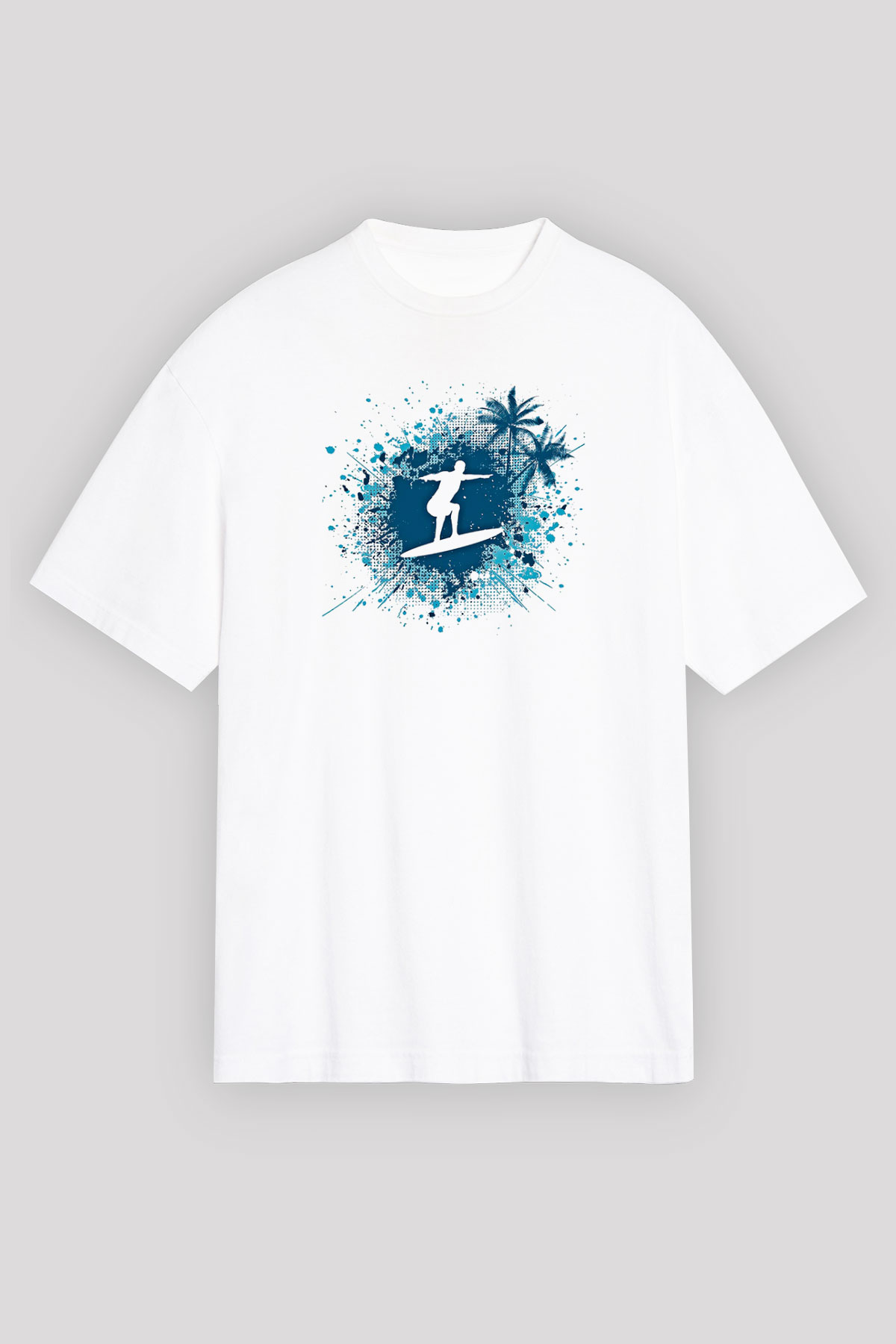 Sörf Baskılı Unisex Beyaz Oversize Tişört - Tshirt