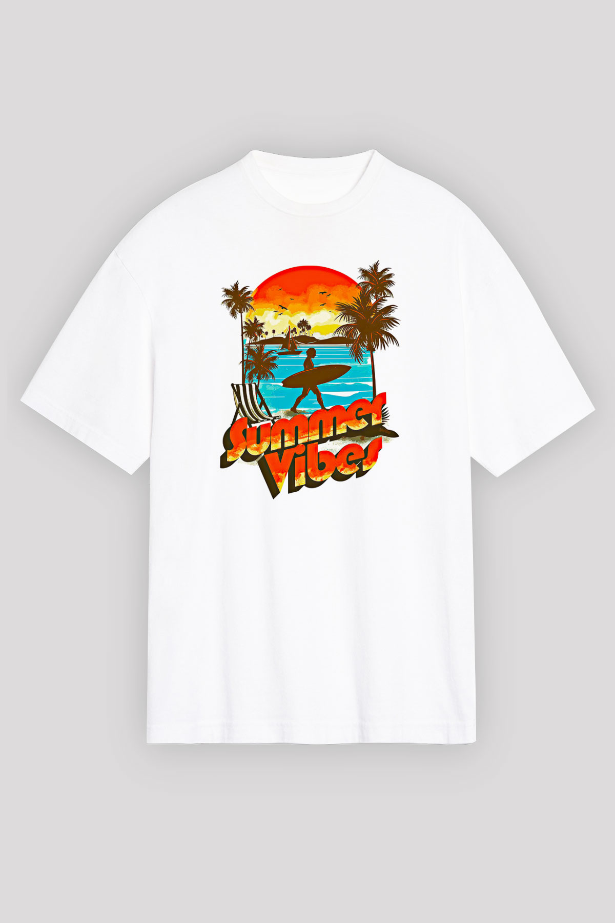 Sörf Baskılı Unisex Beyaz Oversize Tişört - Tshirt