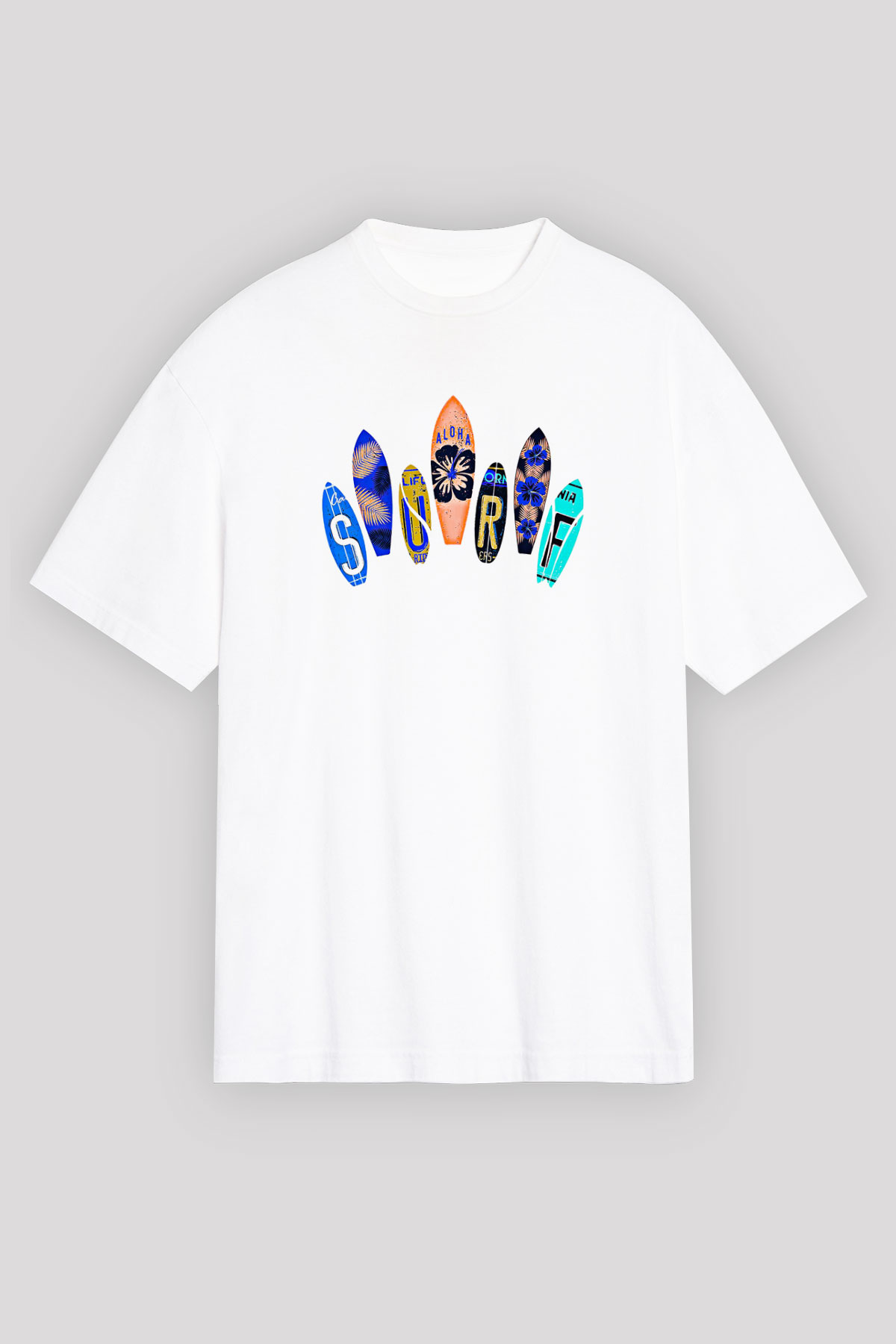 Sörf Baskılı Unisex Beyaz Oversize Tişört - Tshirt
