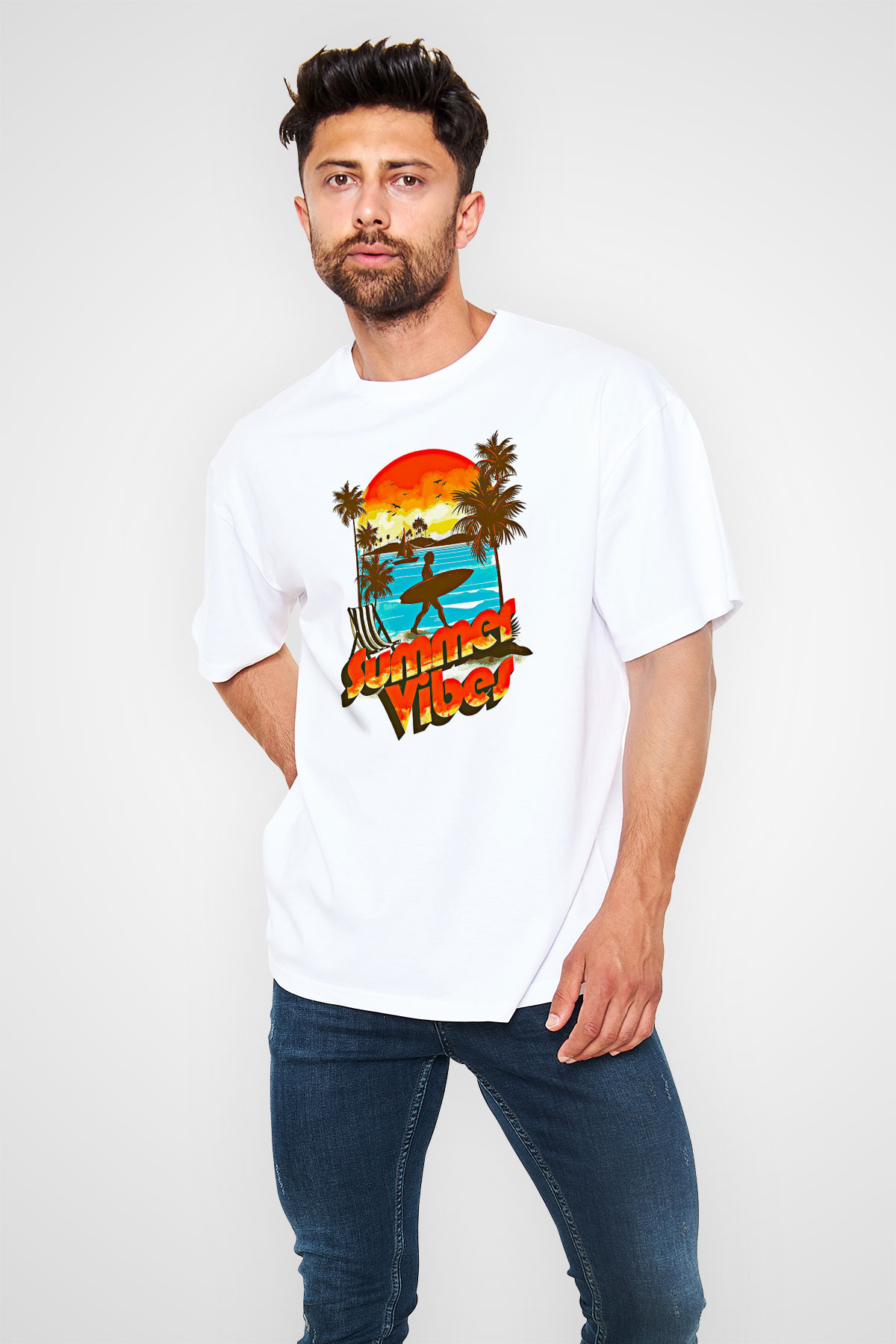 Sörf Baskılı Unisex Beyaz Oversize Tişört - Tshirt