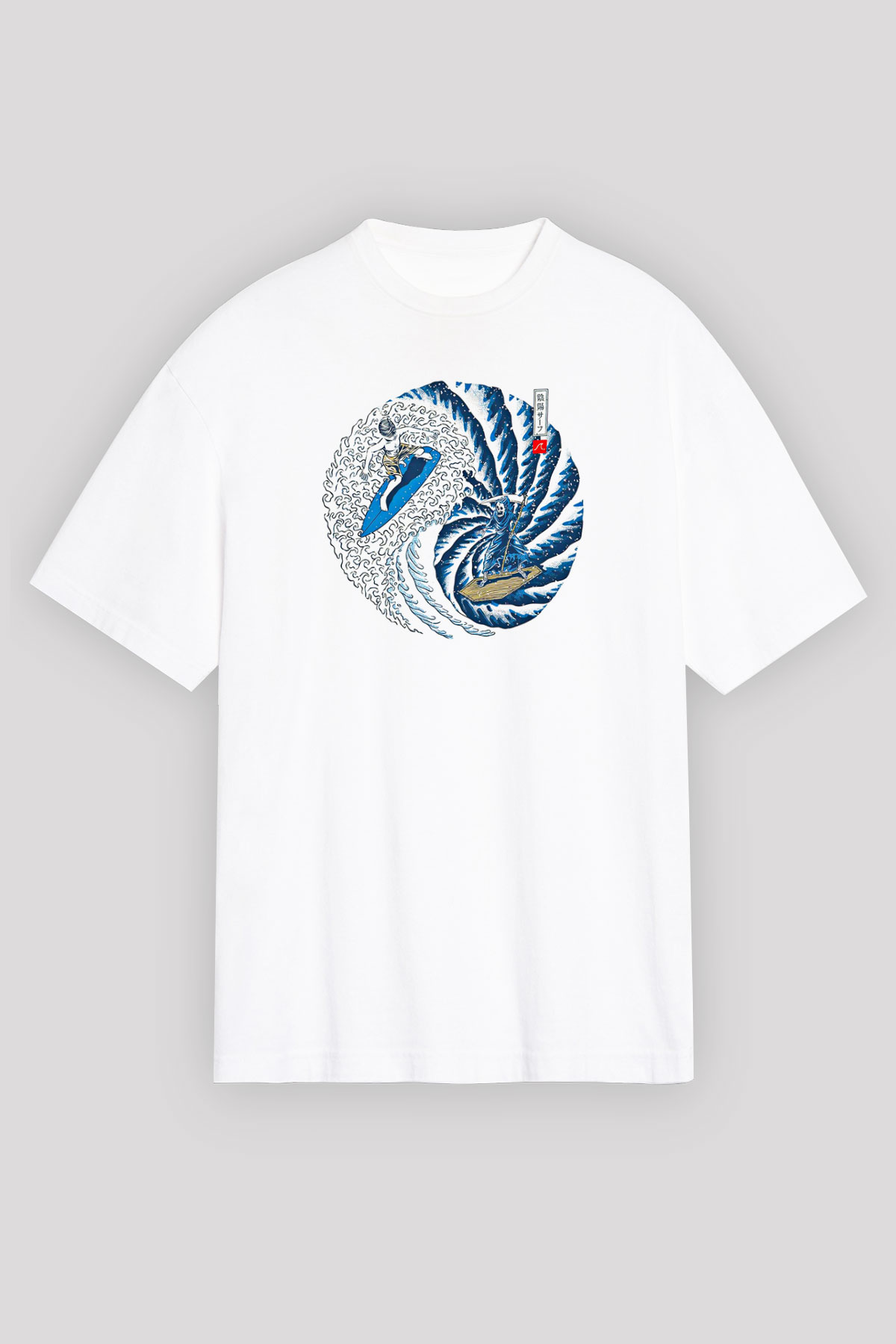 Sörf Baskılı Unisex Beyaz Oversize Tişört - Tshirt