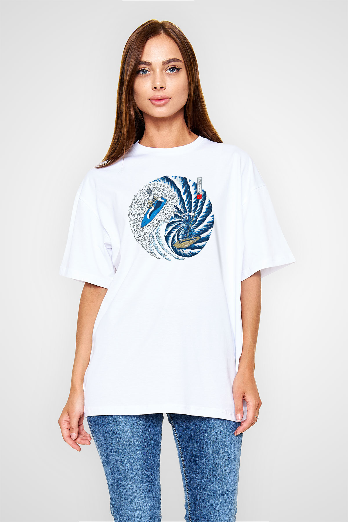 Sörf Baskılı Unisex Beyaz Oversize Tişört - Tshirt