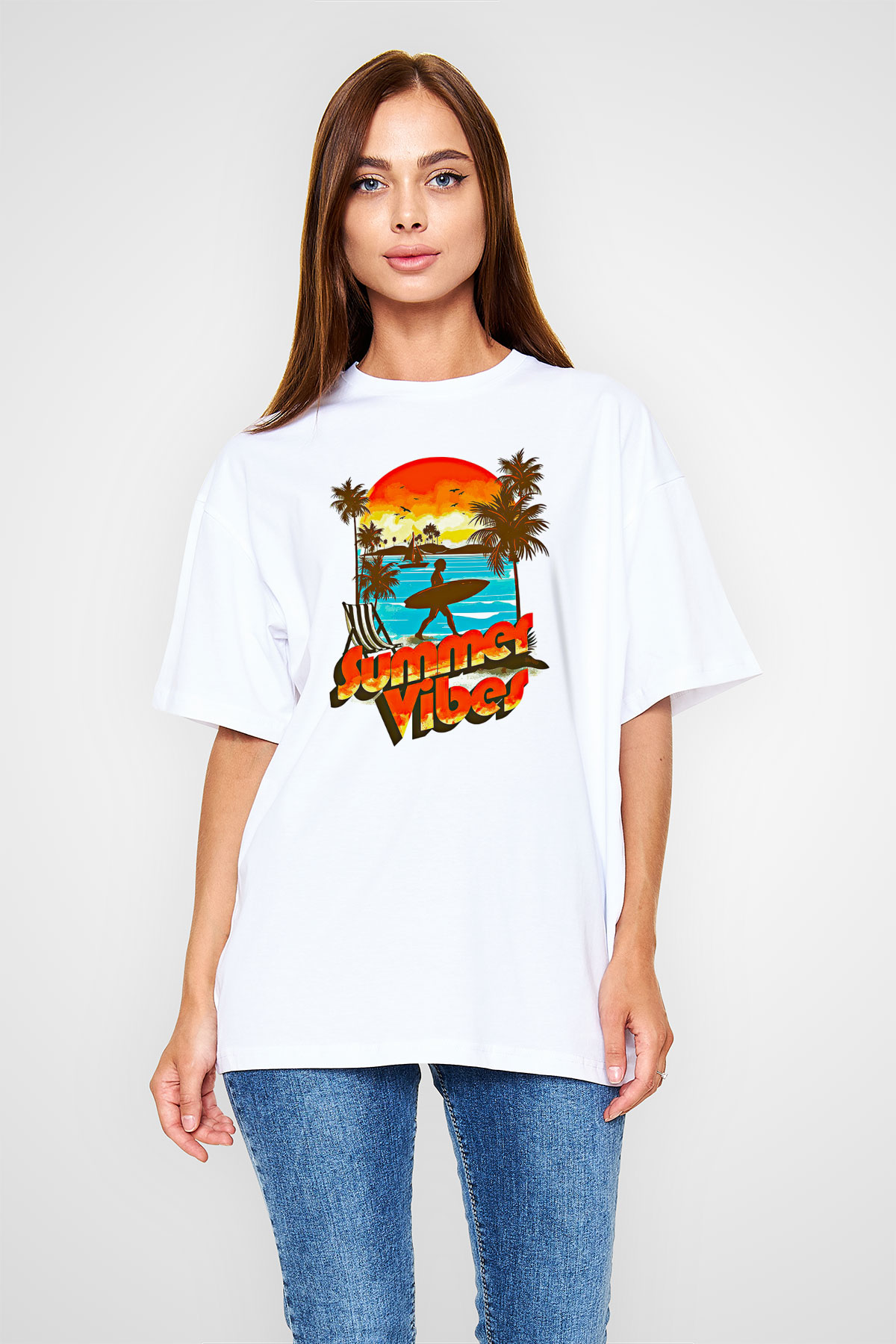 Sörf Baskılı Unisex Beyaz Oversize Tişört - Tshirt