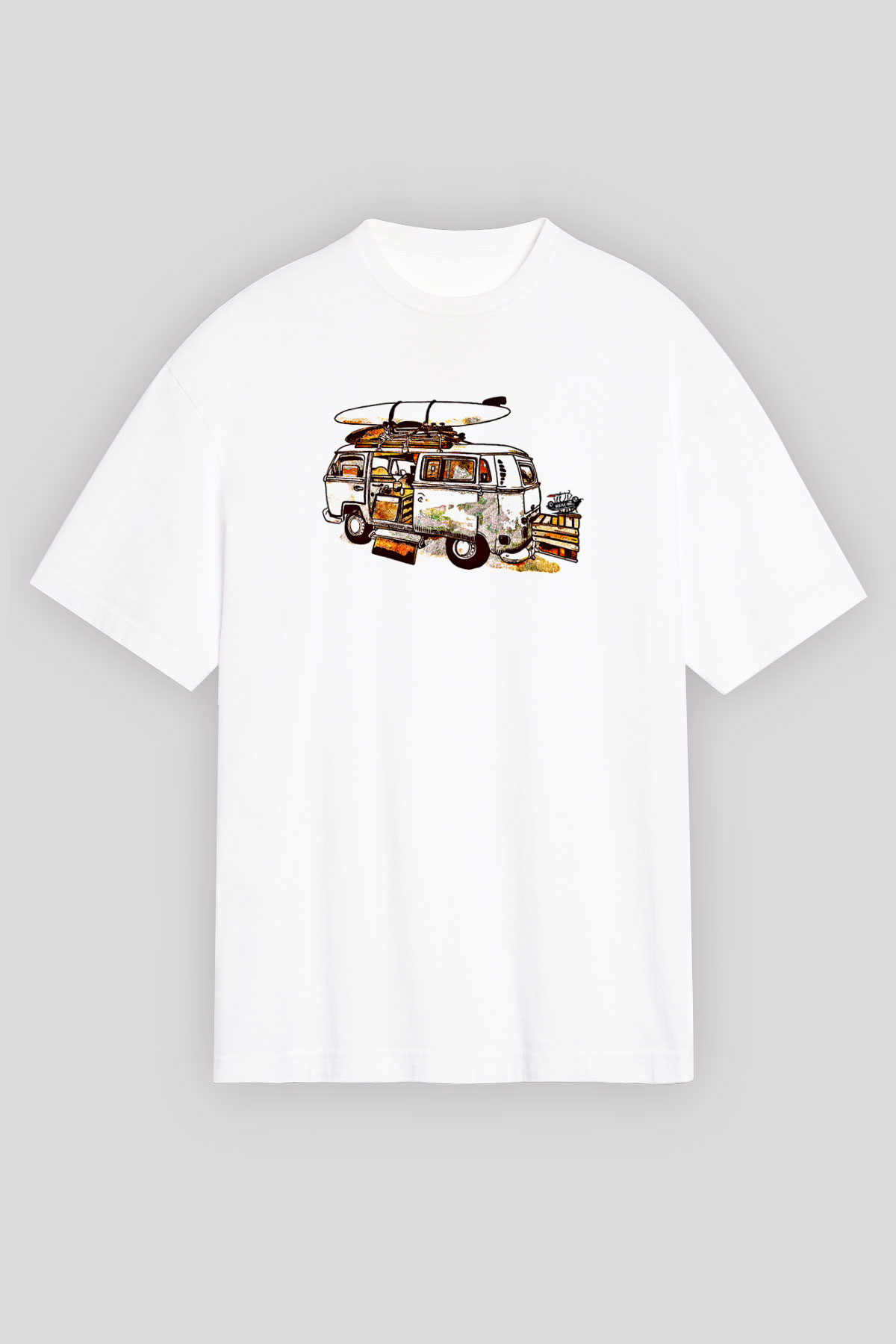 Sörf Baskılı Unisex Beyaz Oversize Tişört - Tshirt