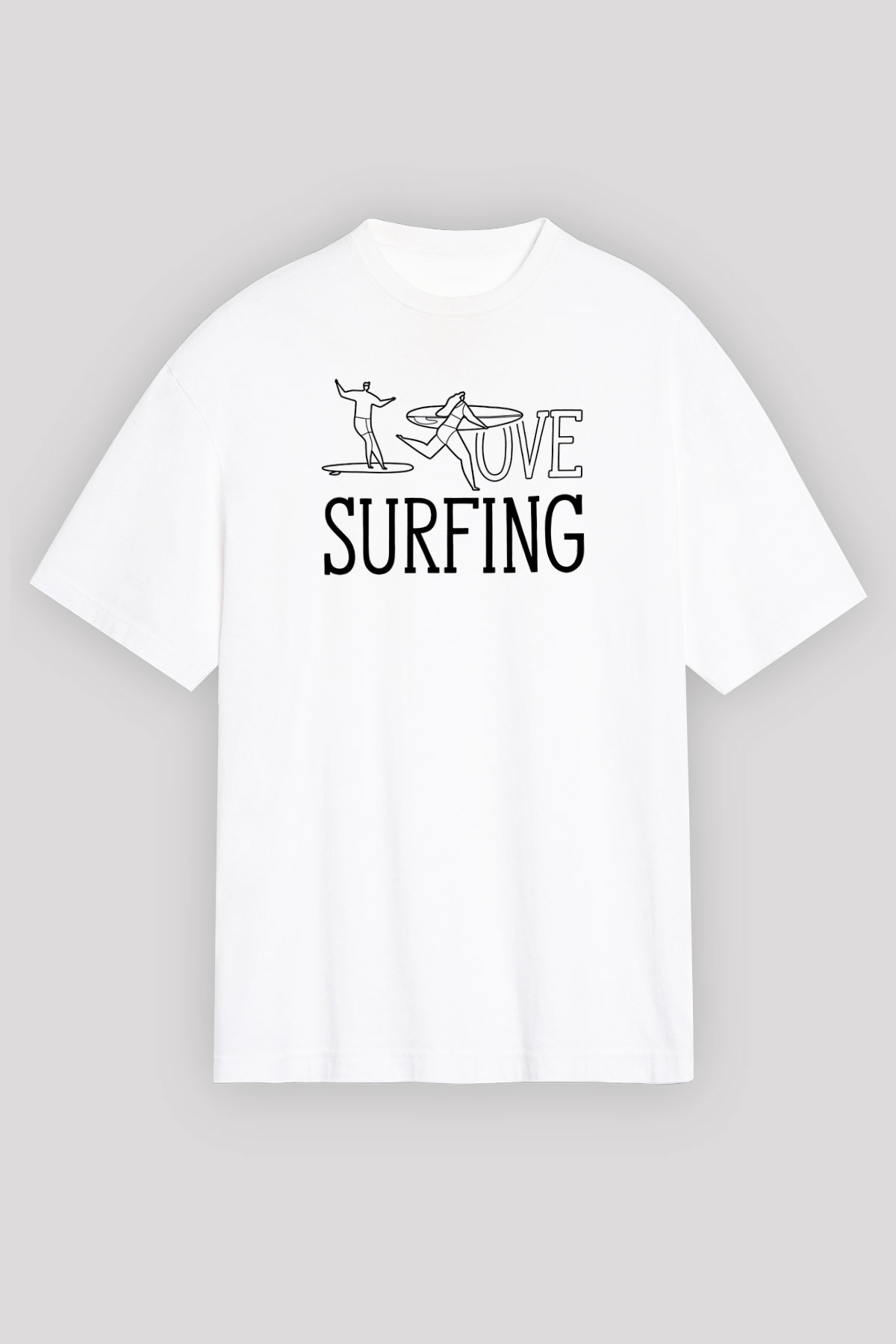 Sörf Baskılı Unisex Beyaz Oversize Tişört - Tshirt