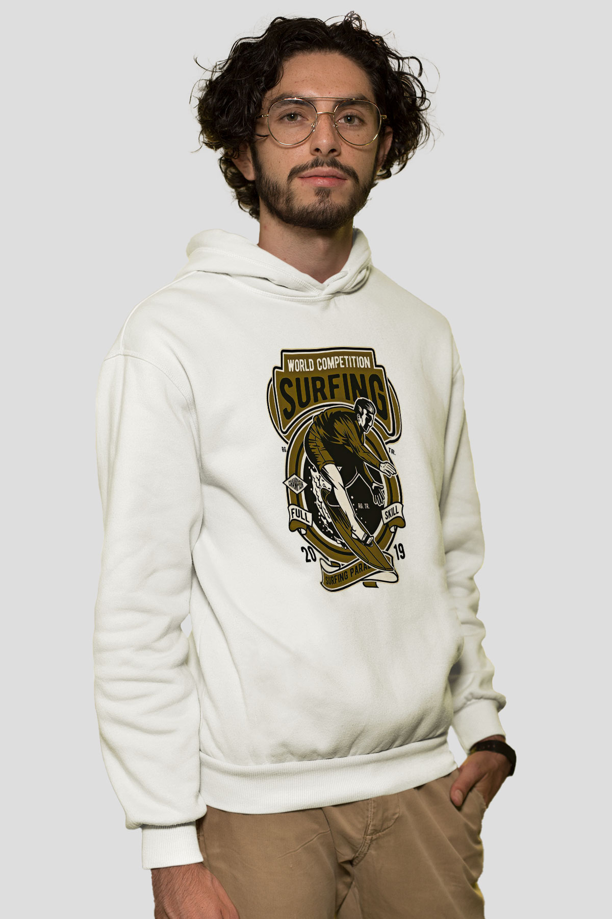 Sörf Baskılı Unisex Ekru Hoodie
