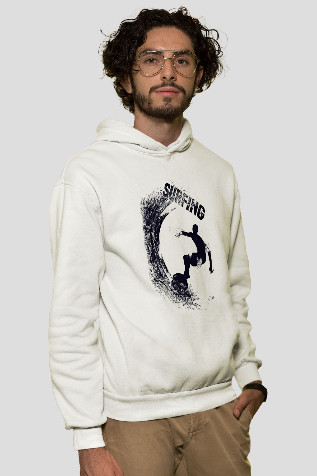 Sörf Baskılı Unisex Ekru Hoodie