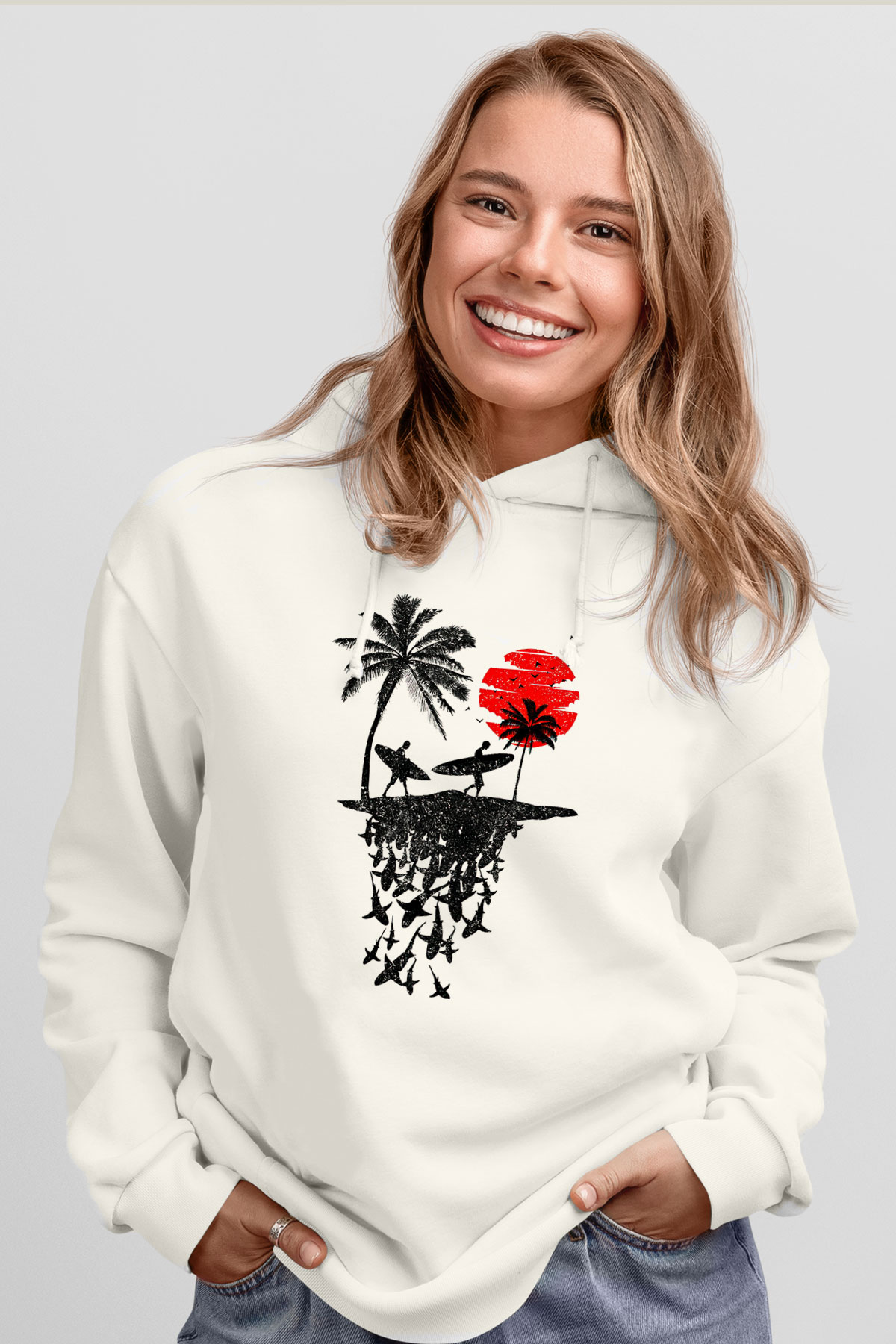 Sörf Baskılı Unisex Ekru Hoodie