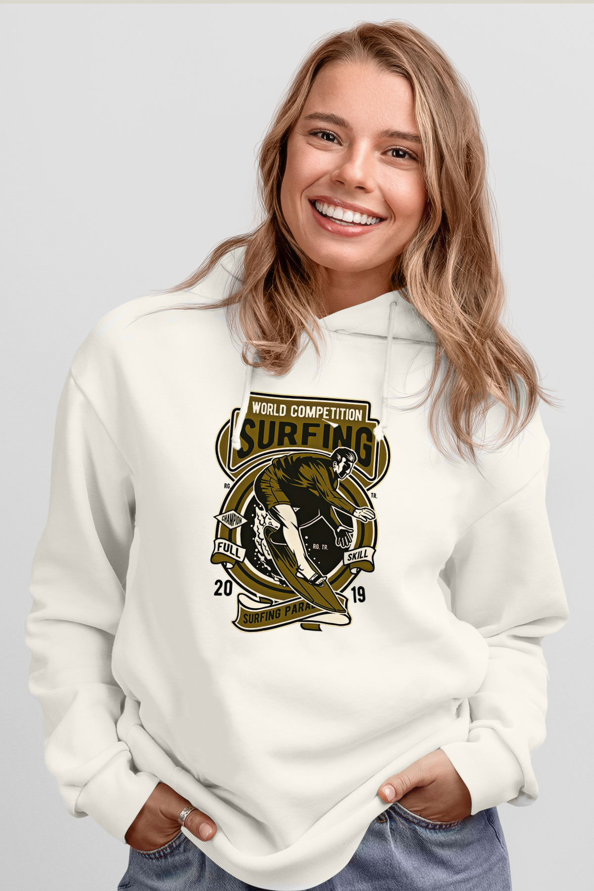 Sörf Baskılı Unisex Ekru Hoodie