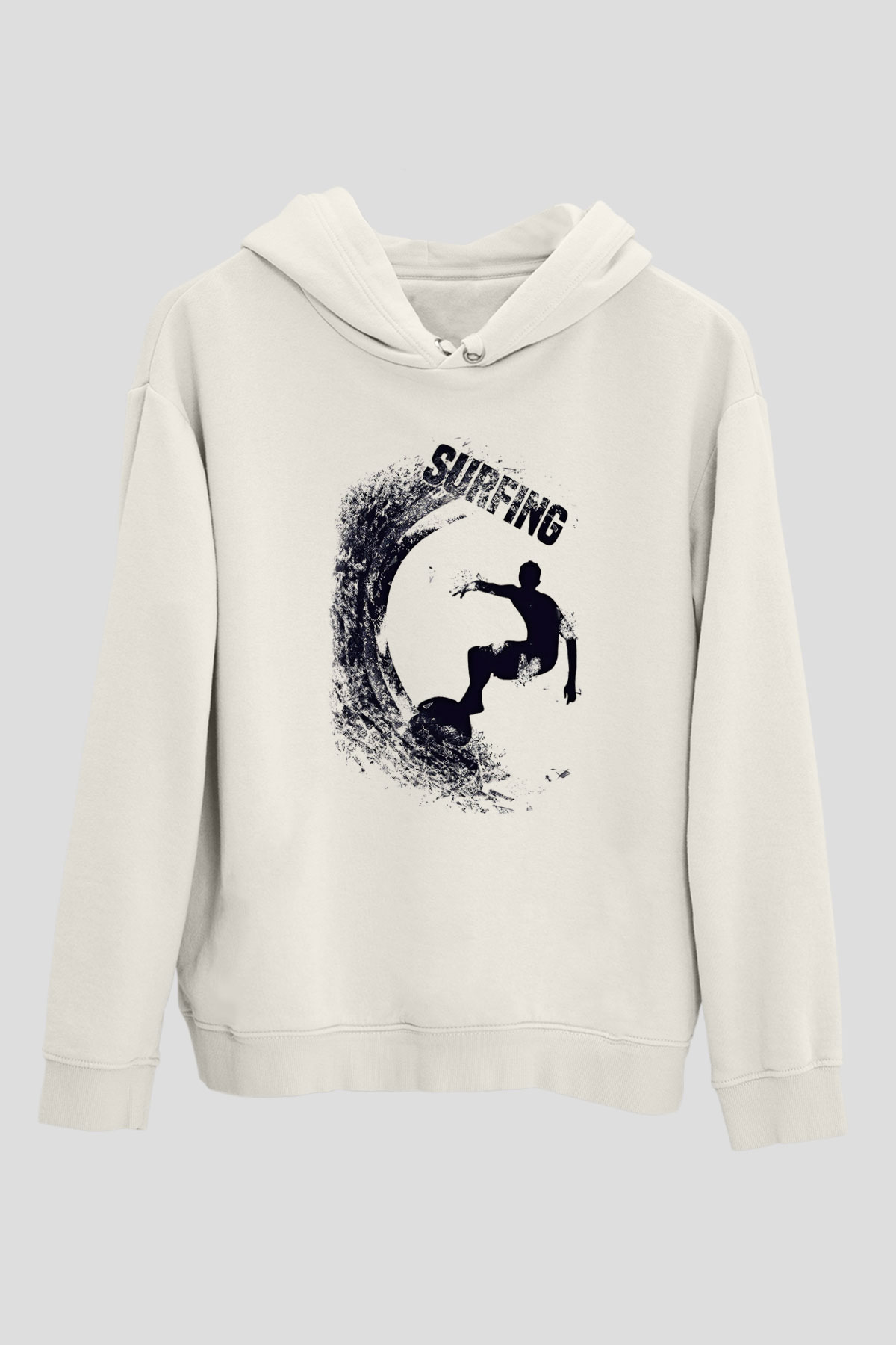 Sörf Baskılı Unisex Ekru Hoodie