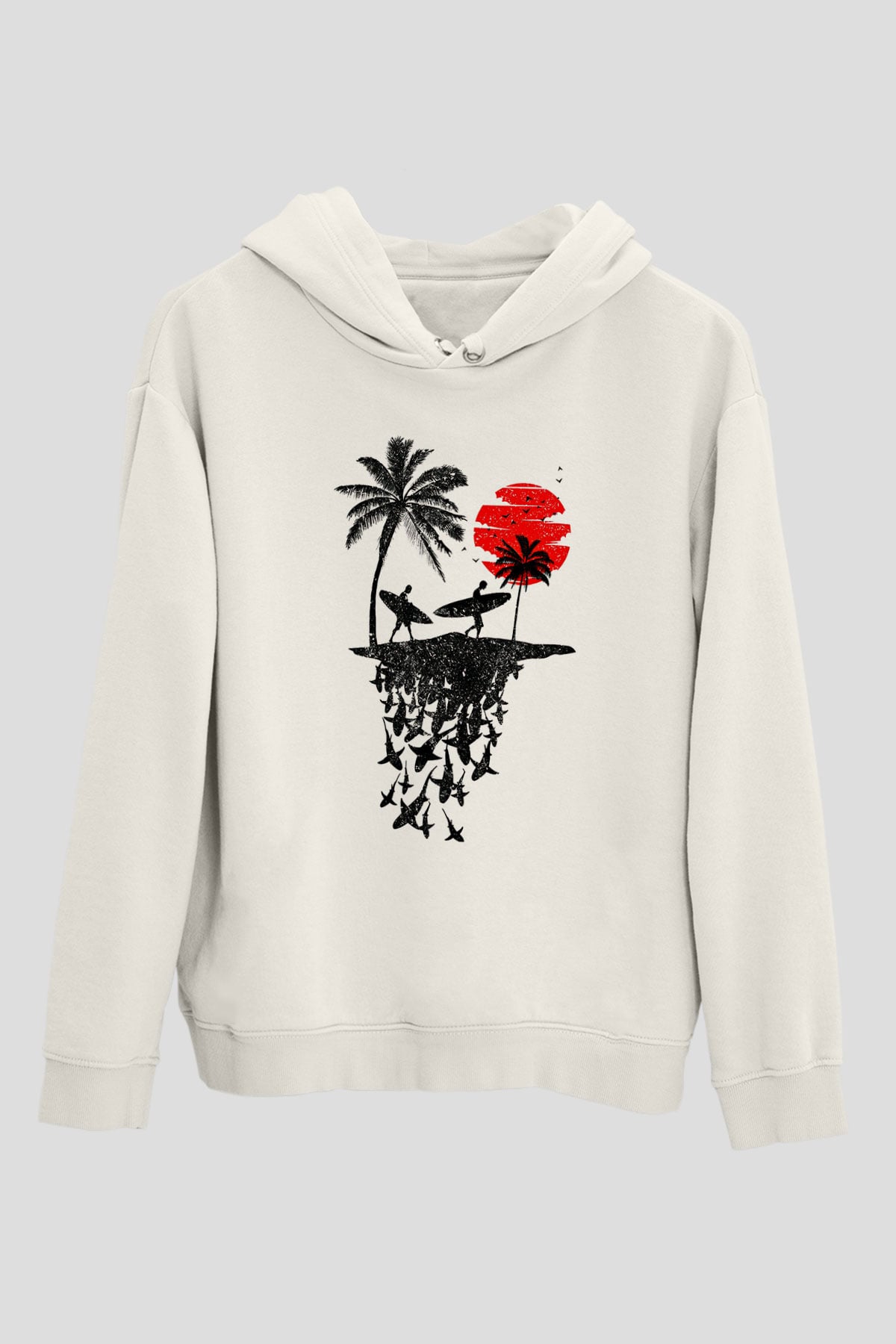 Sörf Baskılı Unisex Ekru Hoodie