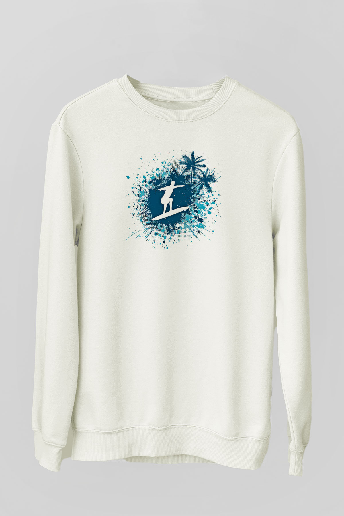 Sörf Baskılı Unisex Ekru Sweatshirt