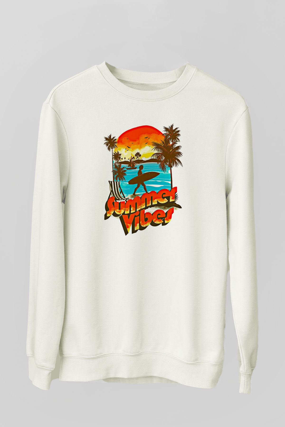 Sörf Baskılı Unisex Ekru Sweatshirt
