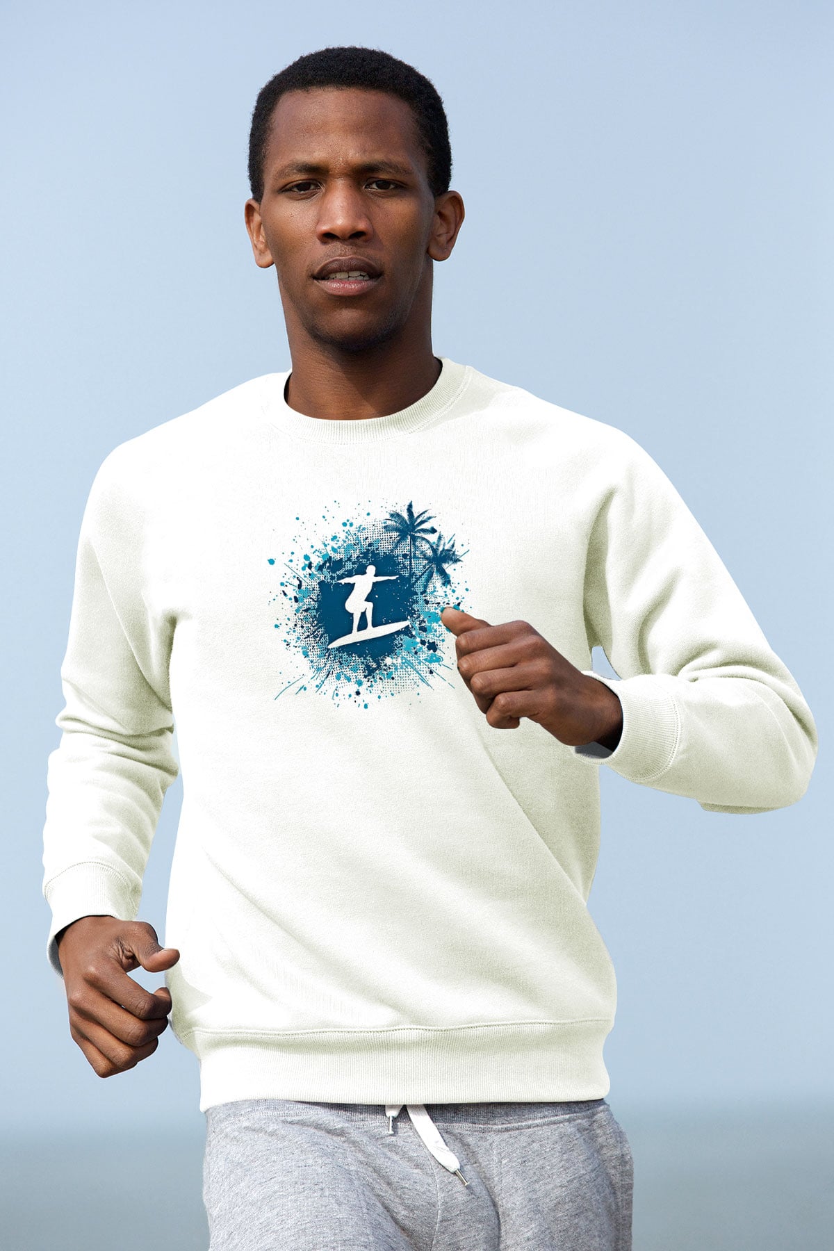 Sörf Baskılı Unisex Ekru Sweatshirt