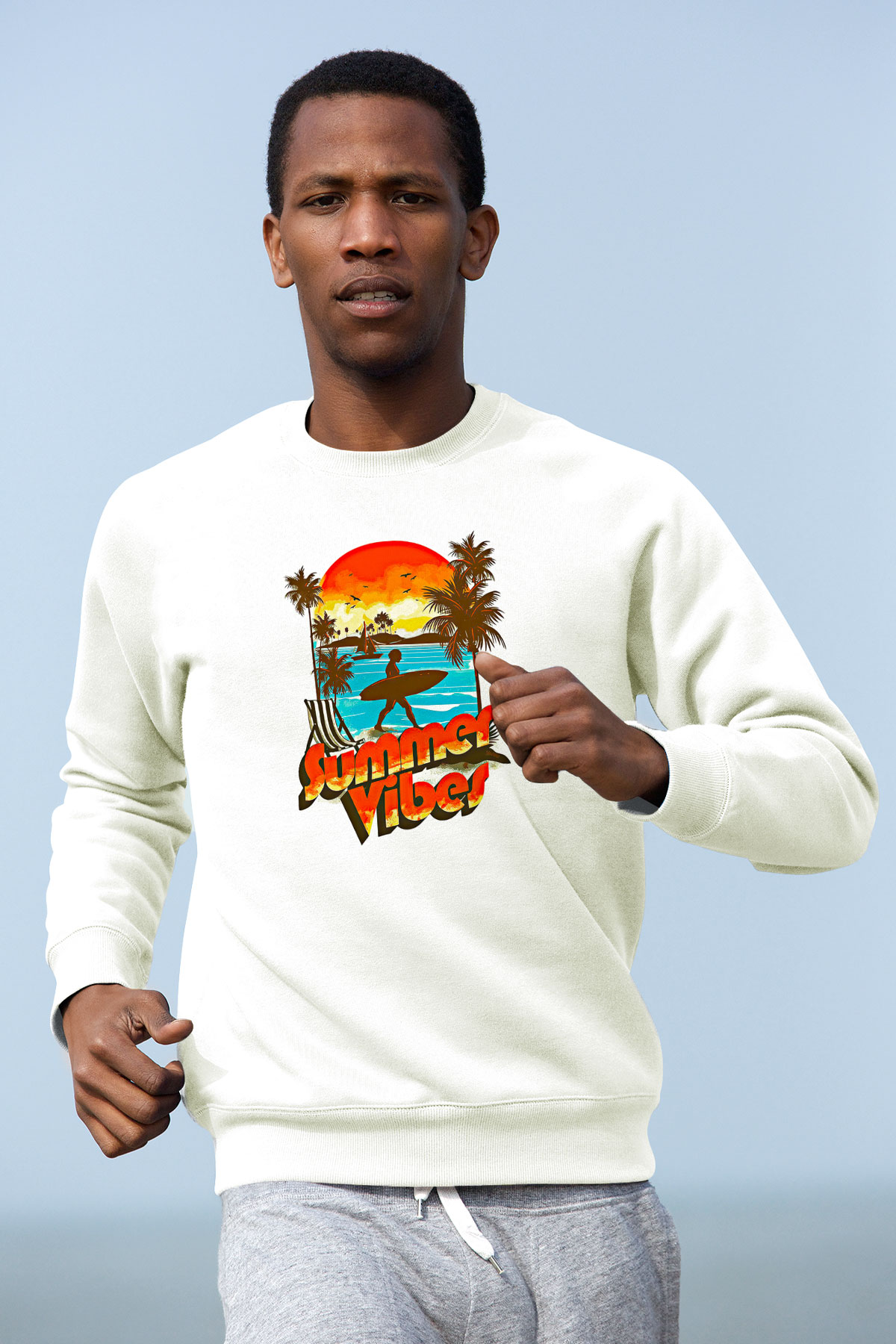 Sörf Baskılı Unisex Ekru Sweatshirt