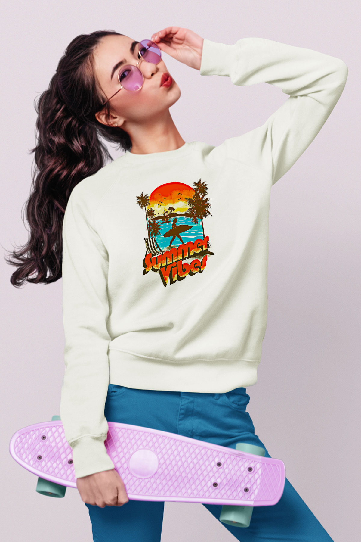 Sörf Baskılı Unisex Ekru Sweatshirt