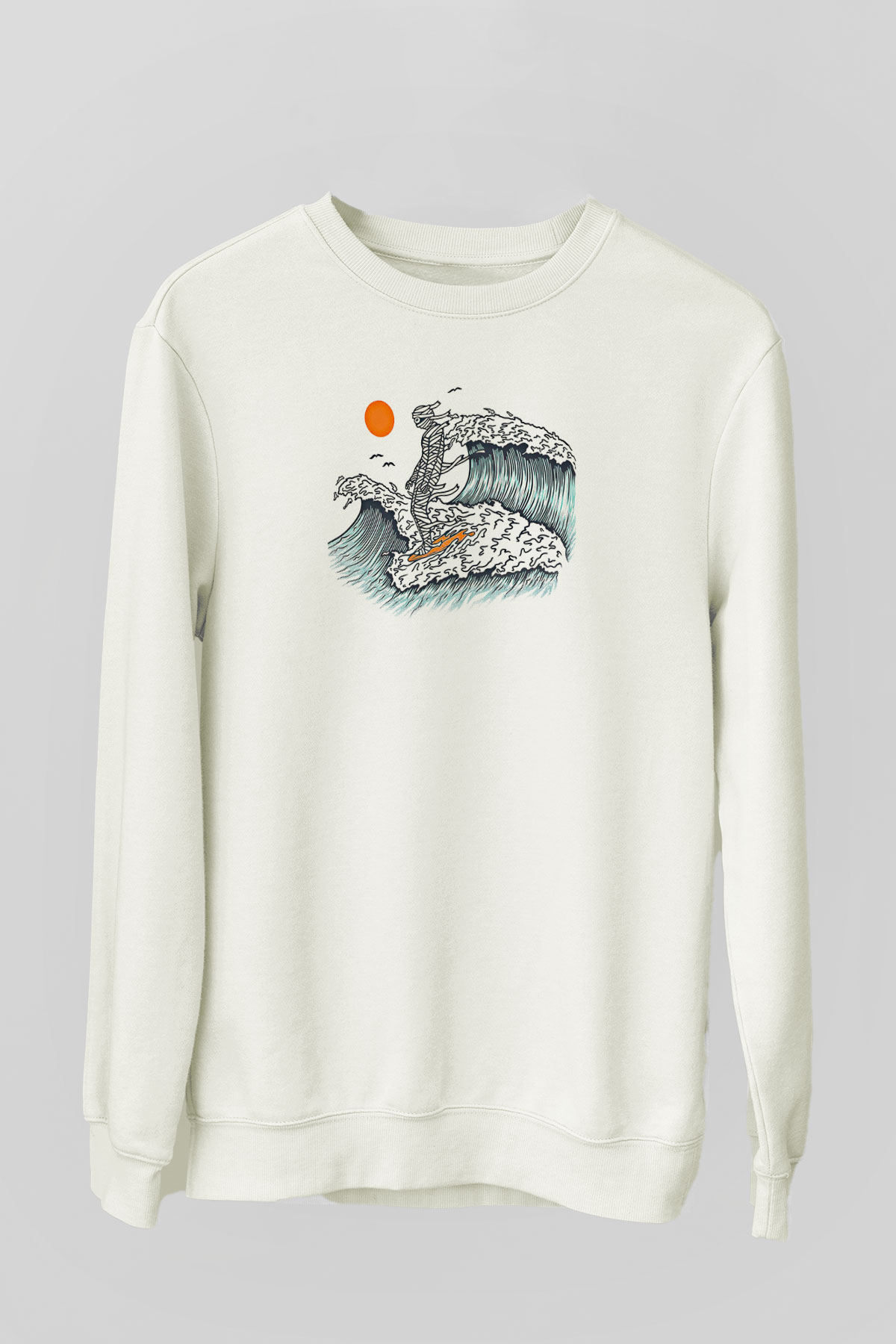 Sörf Baskılı Unisex Ekru Sweatshirt