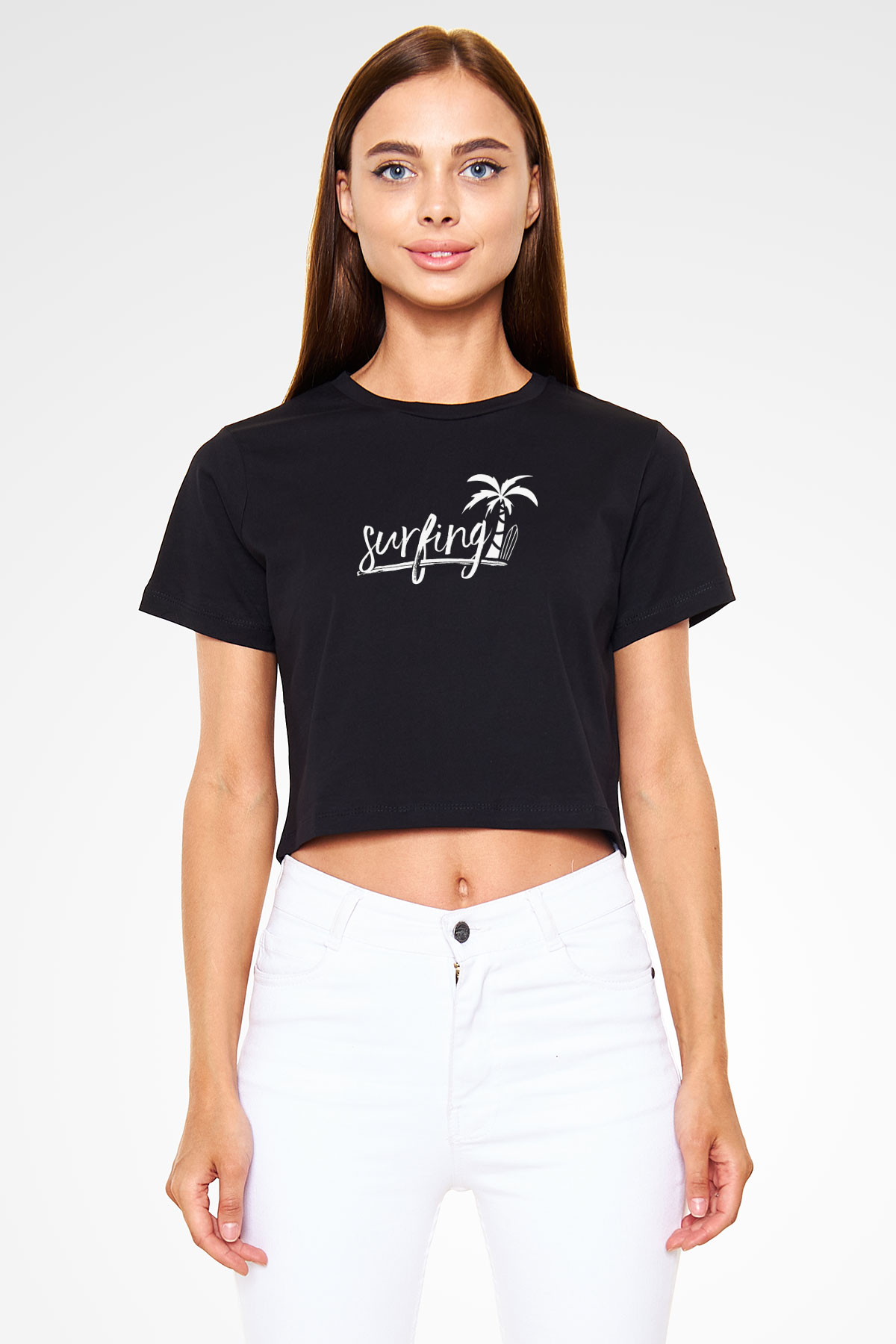 Sörf - Surfing Baskılı Crop Top Siyah Kadın Tişört - Tshirt