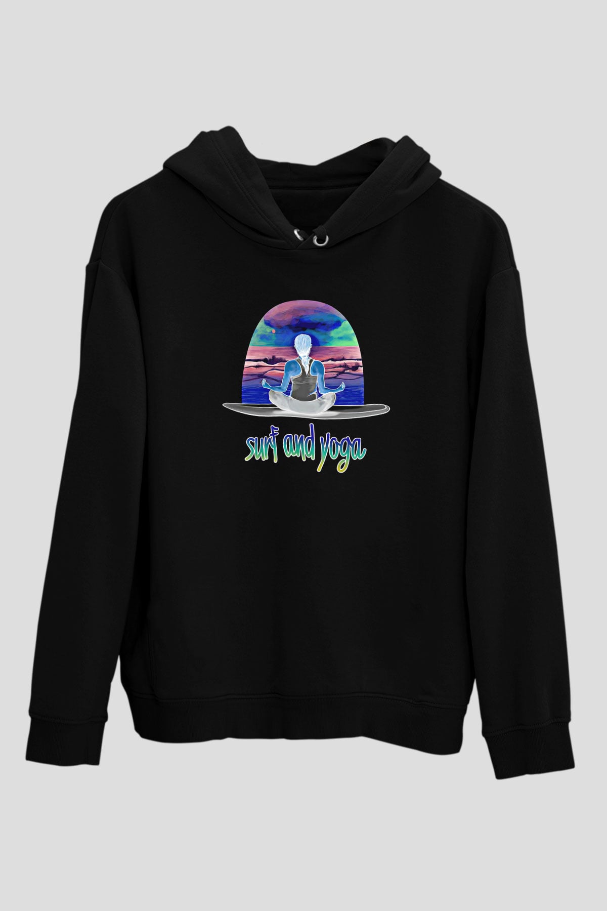 Sörf - Surfing Baskılı Unisex Siyah Kapüşonlu Sweatshirt