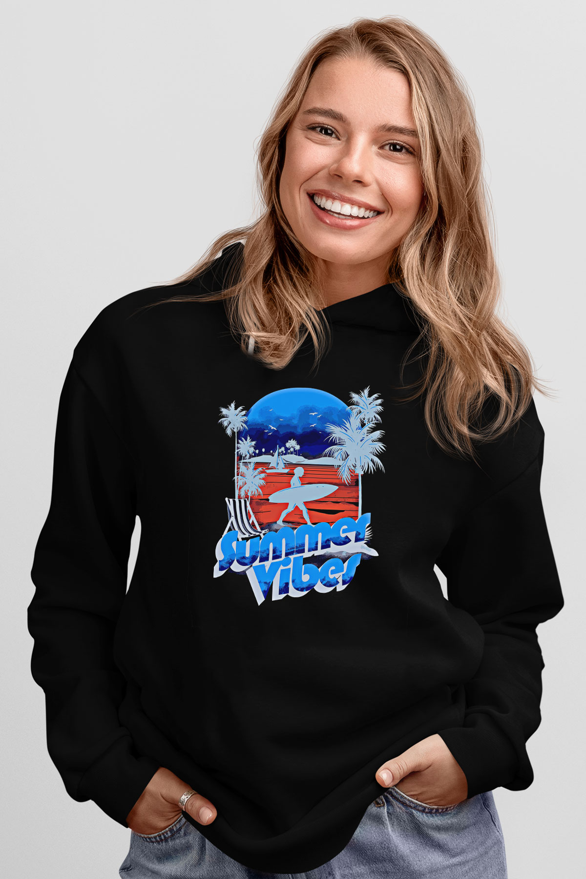 Sörf - Surfing Baskılı Unisex Siyah Kapüşonlu Sweatshirt