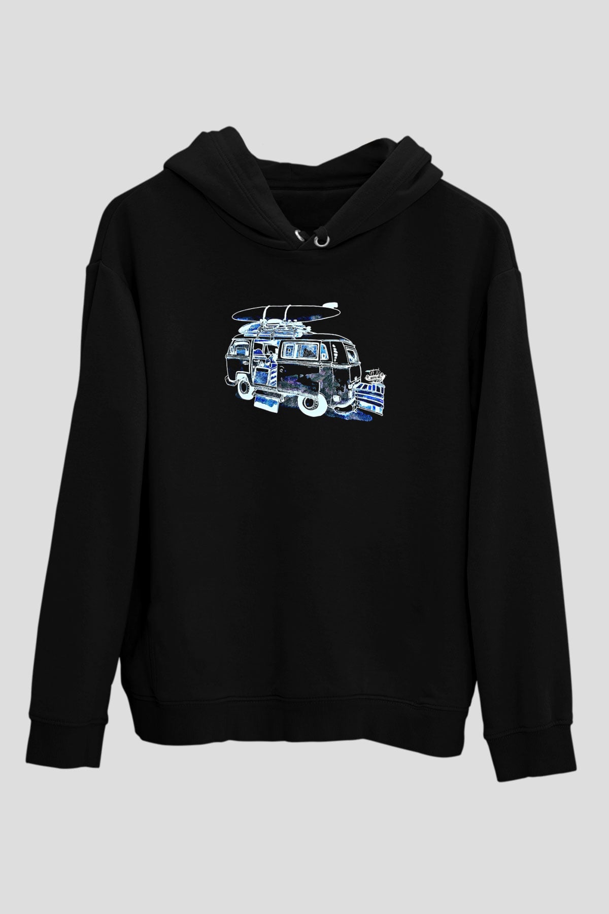 Sörf - Surfing Baskılı Unisex Siyah Kapüşonlu Sweatshirt