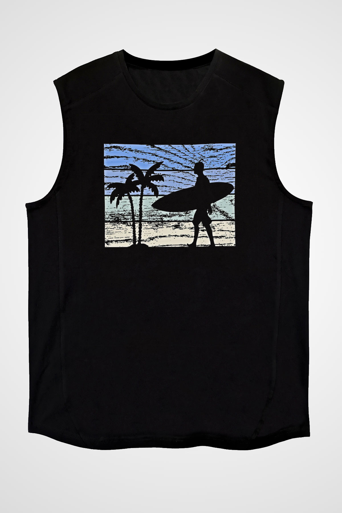 Sörf - Surfing Baskılı Unisex Siyah Kolsuz Tişört