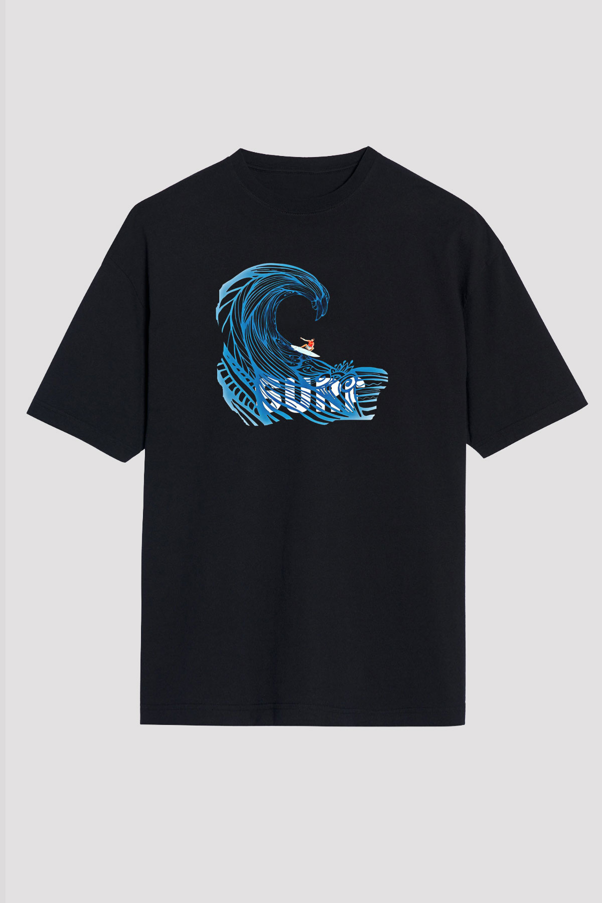 Sörf - Surfing Baskılı Unisex Siyah Oversize Tişört