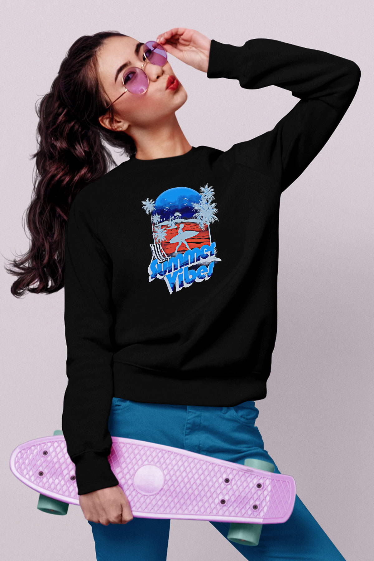 Sörf - Surfing Baskılı Unisex Siyah Sweatshirt