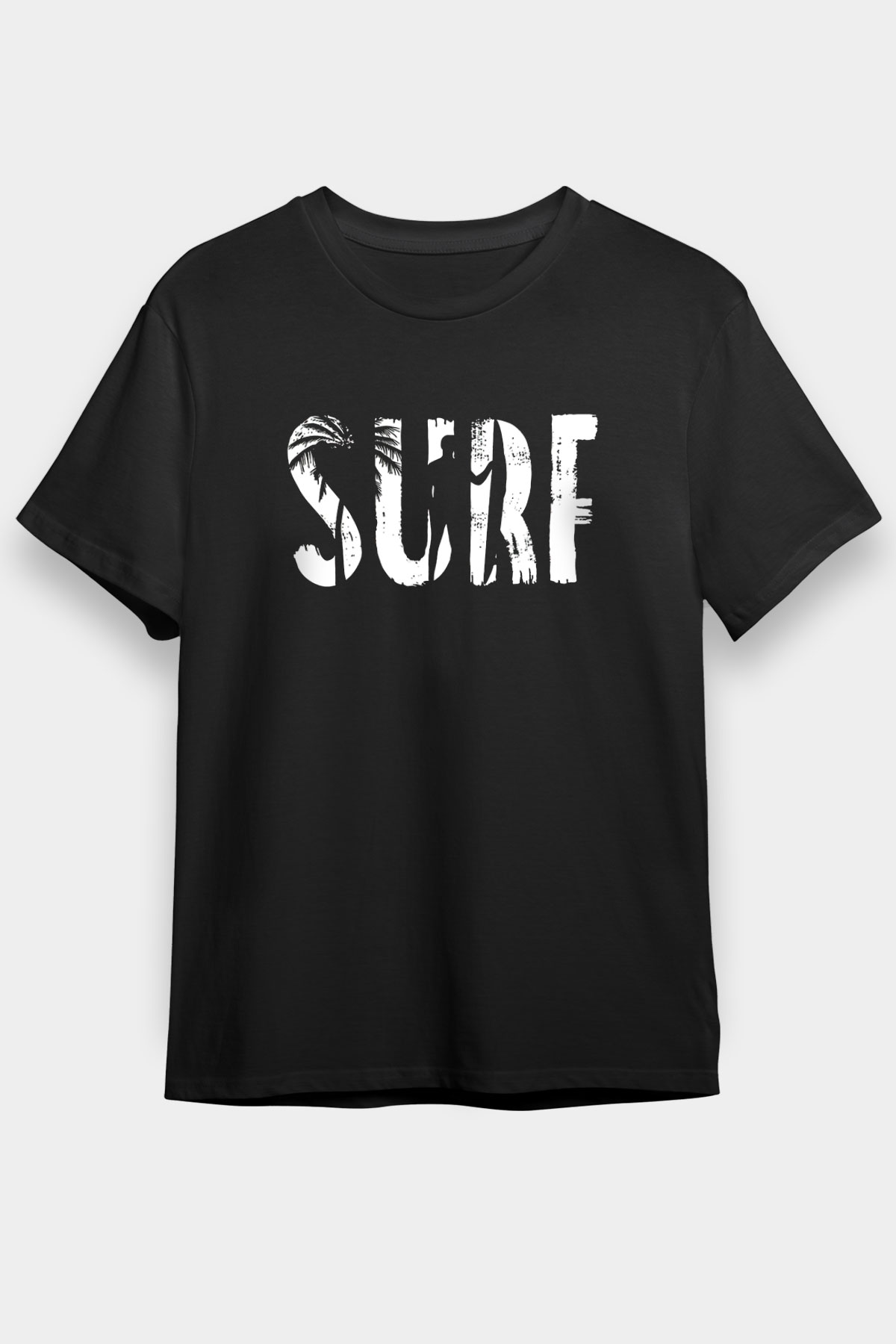 Sörf - Surfing Baskılı Unisex Siyah Tişört - Tshirt