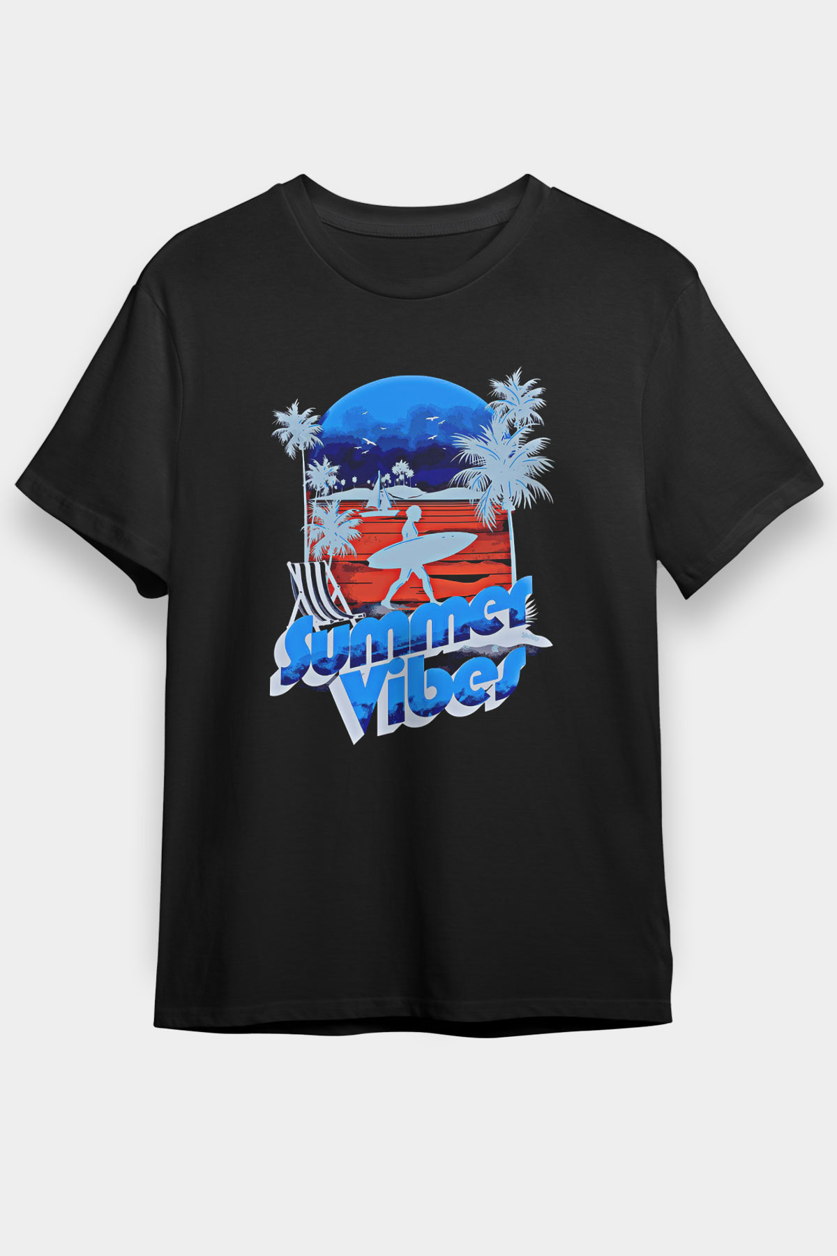 Sörf - Surfing Baskılı Unisex Siyah Tişört - Tshirt