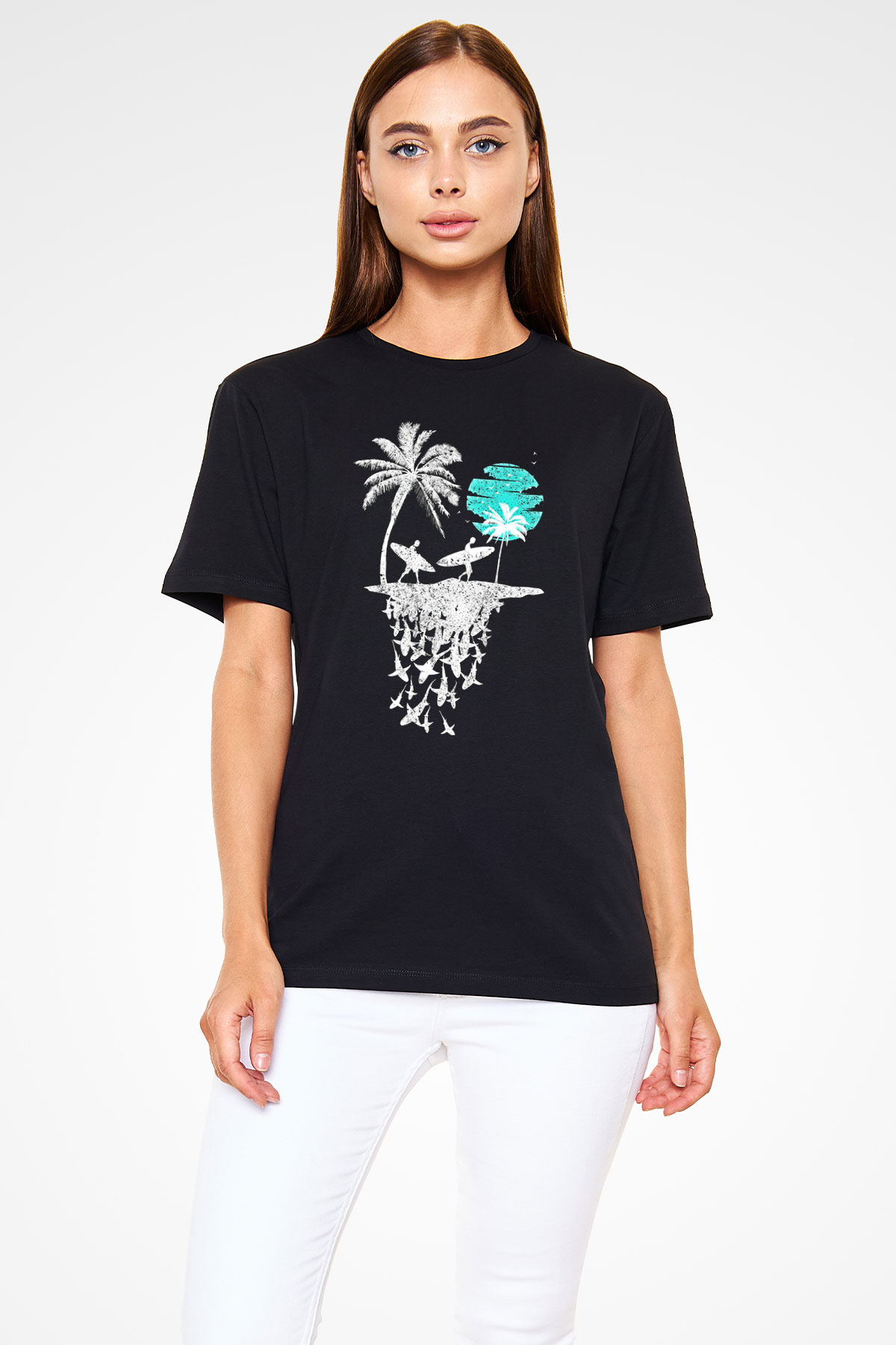 Sörf - Surfing Baskılı Unisex Siyah Tişört - Tshirt