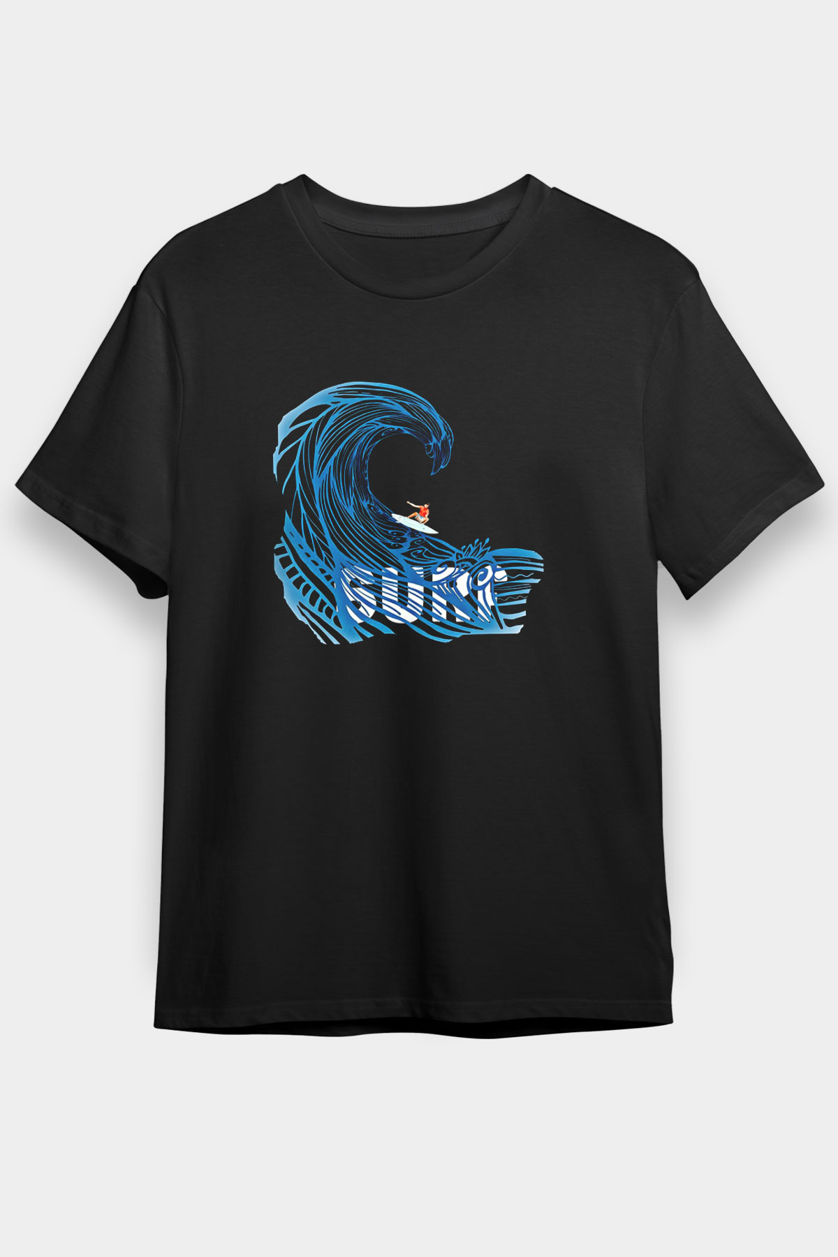 Sörf - Surfing Baskılı Unisex Siyah Tişört - Tshirt