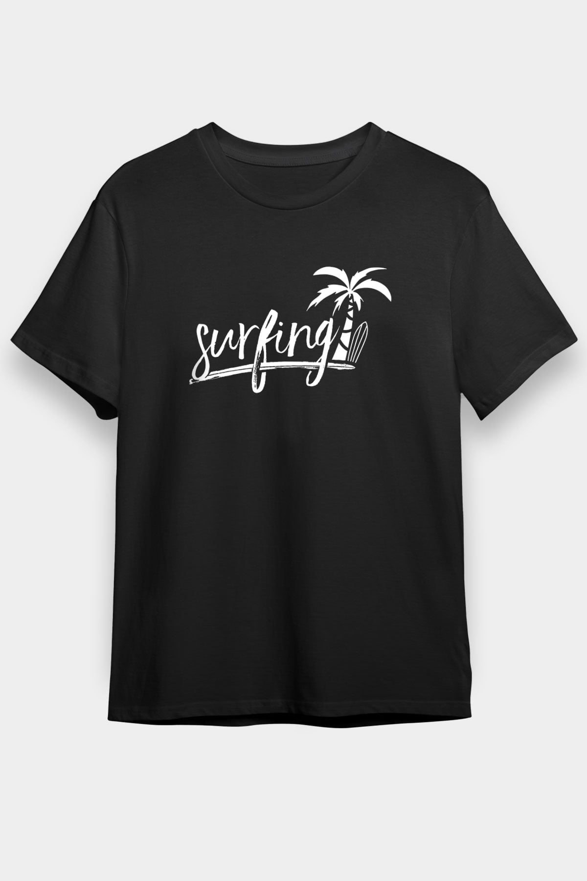 Sörf - Surfing Baskılı Unisex Siyah Tişört - Tshirt