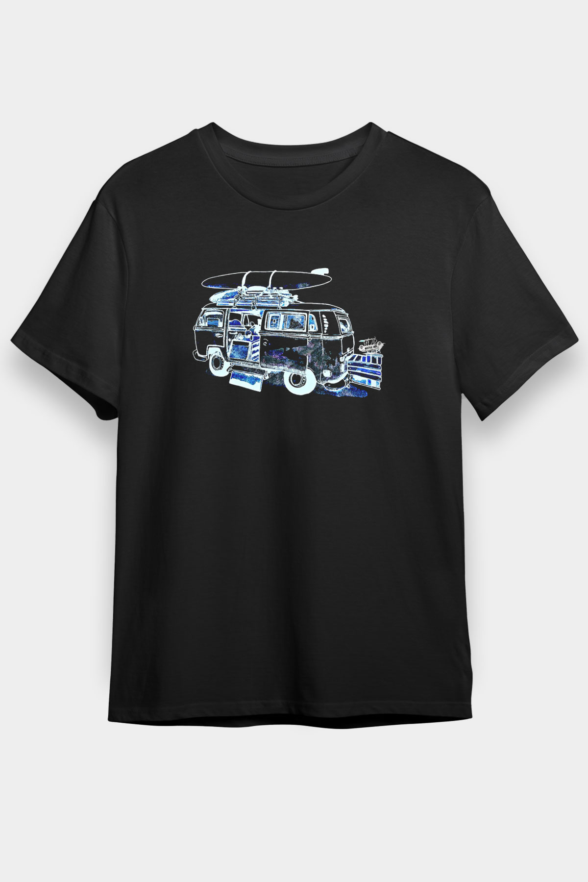 Sörf - Surfing Baskılı Unisex Siyah Tişört - Tshirt