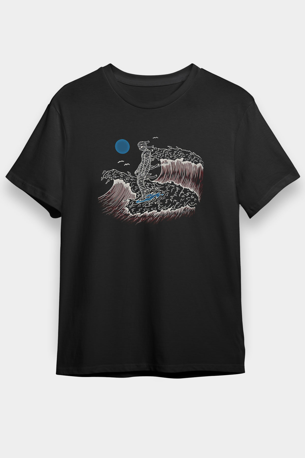 Sörf - Surfing Baskılı Unisex Siyah Tişört - Tshirt