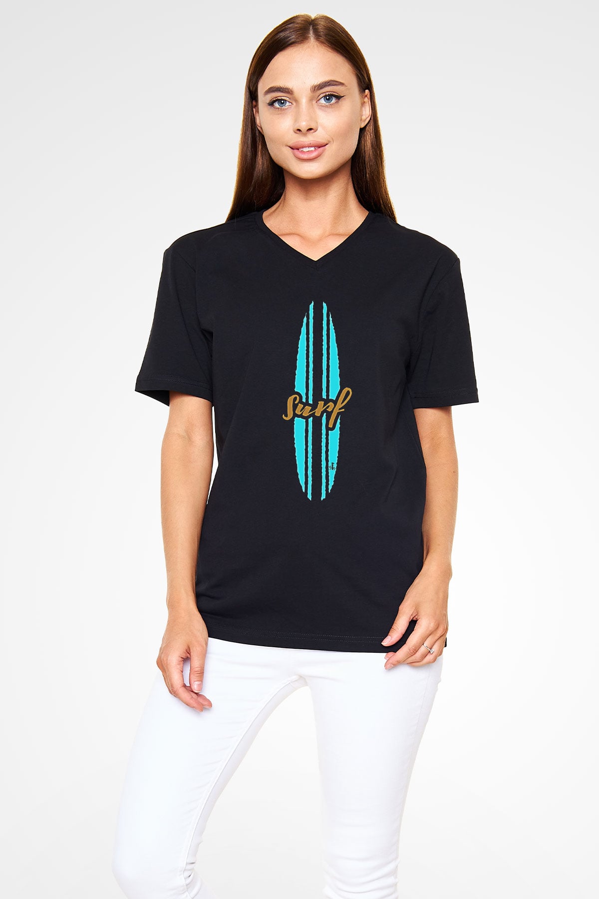 Sörf - Surfing Baskılı Unisex Siyah V Yaka Tişört
