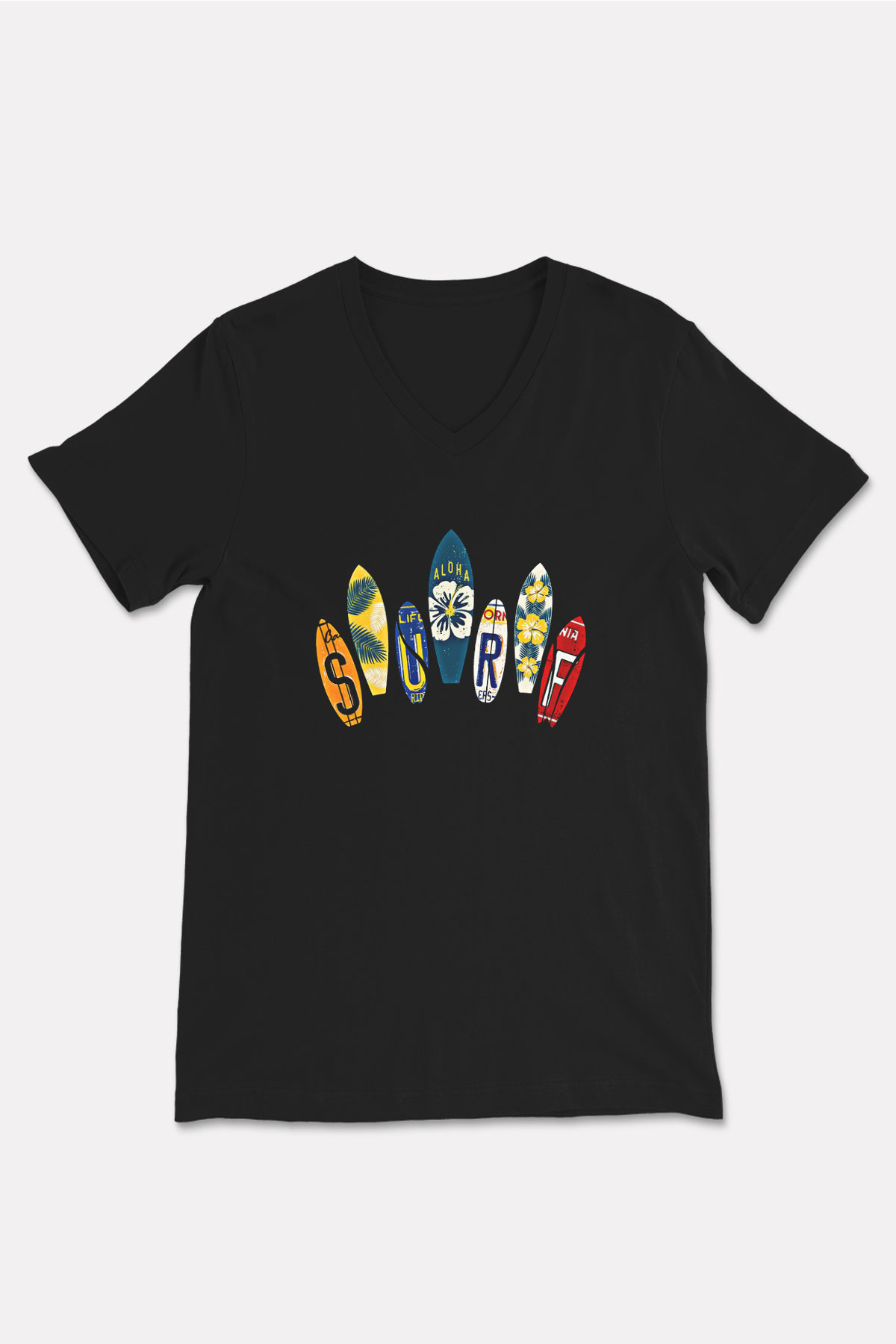 Sörf - Surfing Baskılı Unisex Siyah V Yaka Tişört